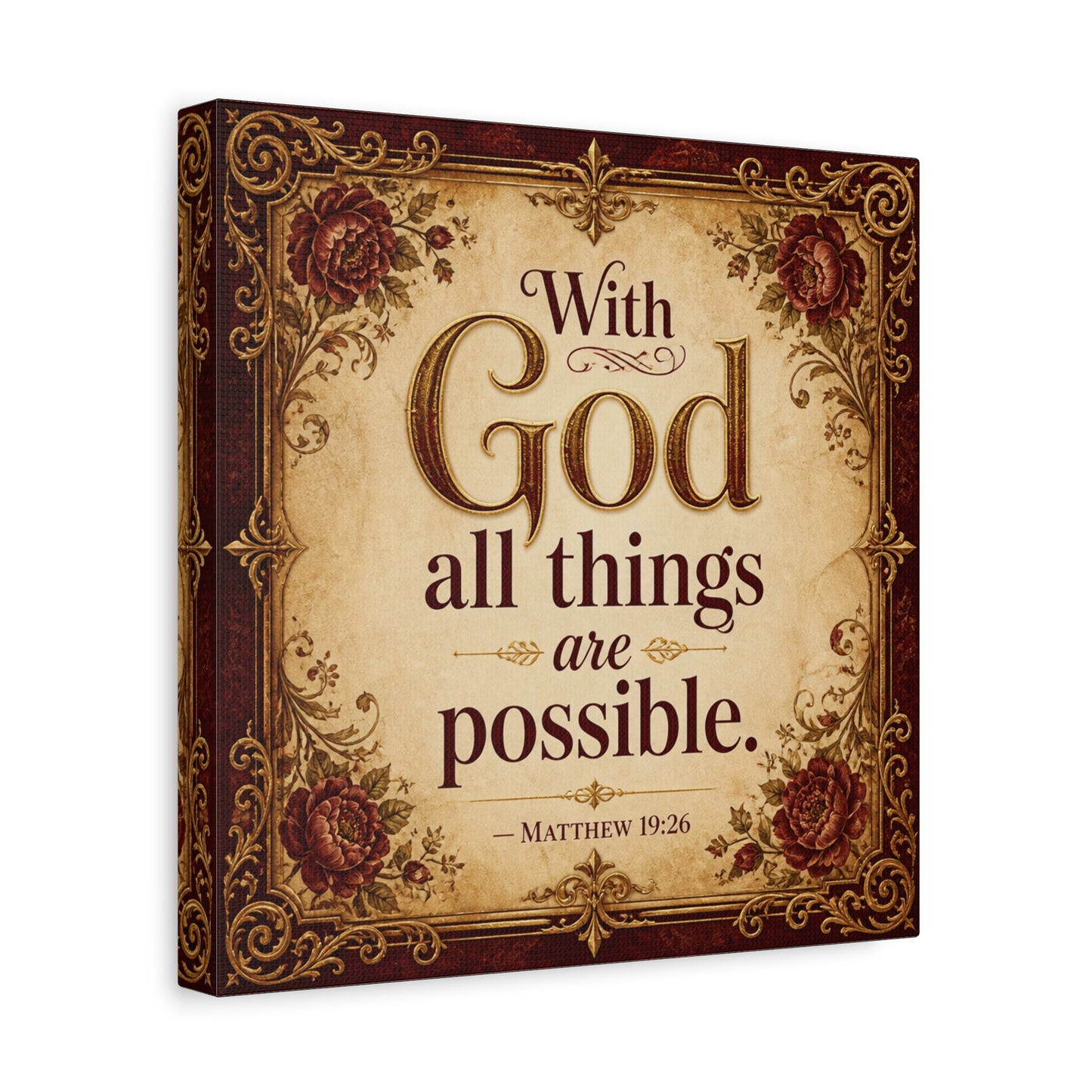 "With God All Things Are Possible. - Matthew 19:26" Christian Canvas Wall Art - Vintage Floral Scripture Print, Traditional Inspirational Decor, Living Room Bedroom Wall Hanging - Ready to Hang