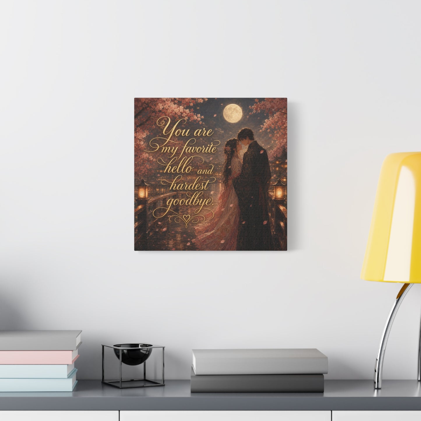 "You Are My Favorite Hello And Hardest Goodbye" Romantic Canvas Wall Art - Moonlit Cherry Blossom Couple, Gold Script Quote Print - Traditional Love Decor, Bedroom Wall Hanging - Cozy Reading Nook Art