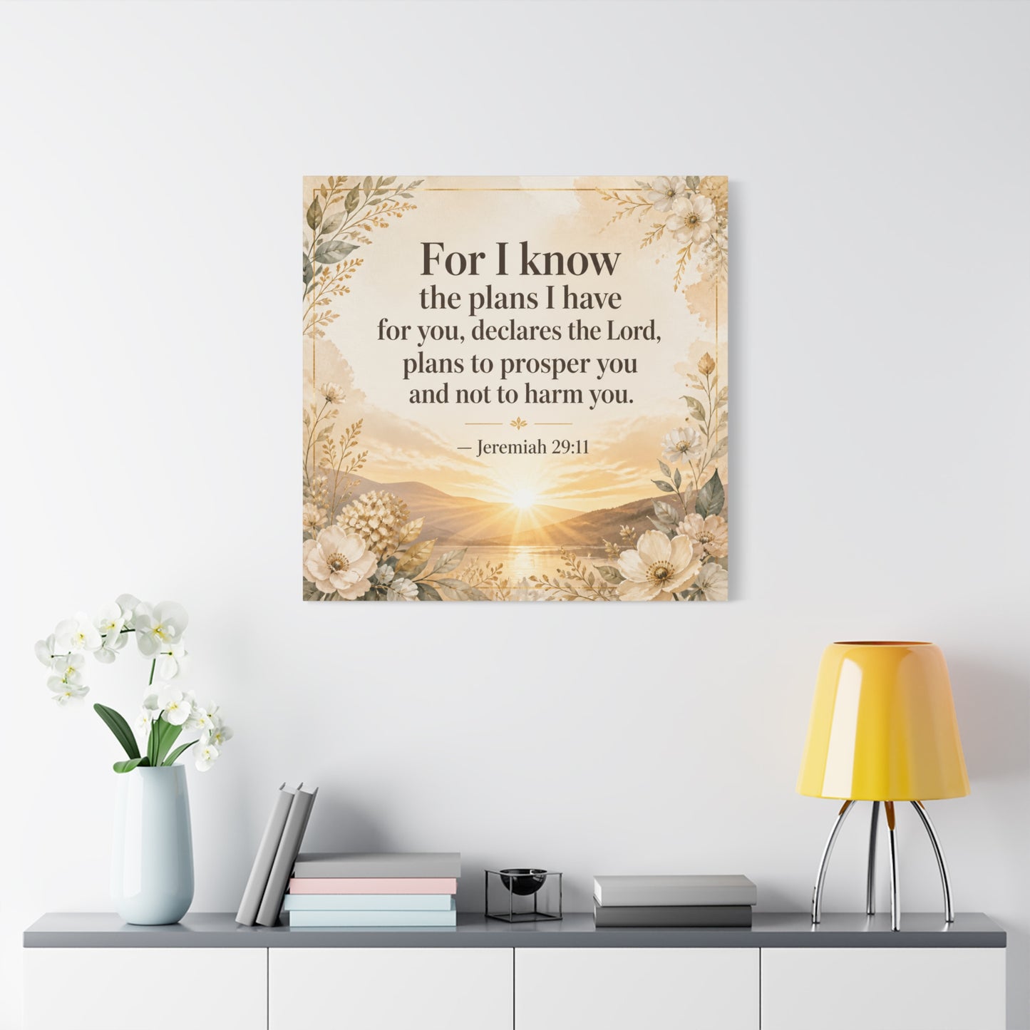 "For I Know The Plans I Have For You" Bible Verse Canvas Wall Art - Jeremiah 29:11 Floral Scripture Print, Gold Sunrise Landscape, Christian Wall Decor For Bedroom, Living Room - Ready to Hang