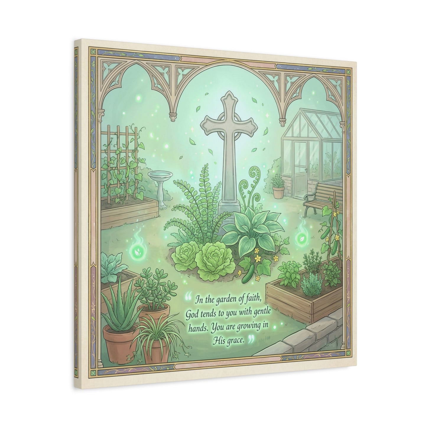 "In The Garden Of Faith" Christian Canvas Wall Art - Cross Garden Quote Print - Botanical Scripture Decor, Matte Cotton Canvas - Traditional Religious Wall Decor For Bedroom Office - Ready to Hang