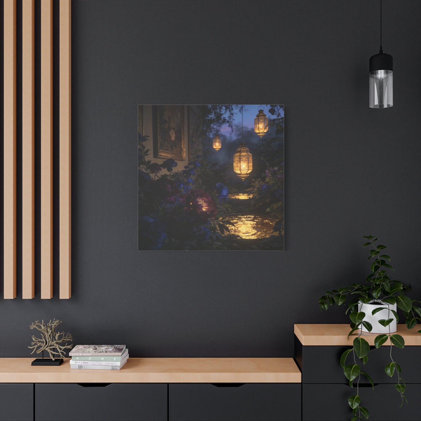 Lantern Garden Canvas Wall Art - Twilight Floral Courtyard, Glowing Water Reflections - Moody Botanical Night Scene, Matte Canvas Print - Bedroom Wall Decor, Living Room Accent - Cozy Reading Nook Art
