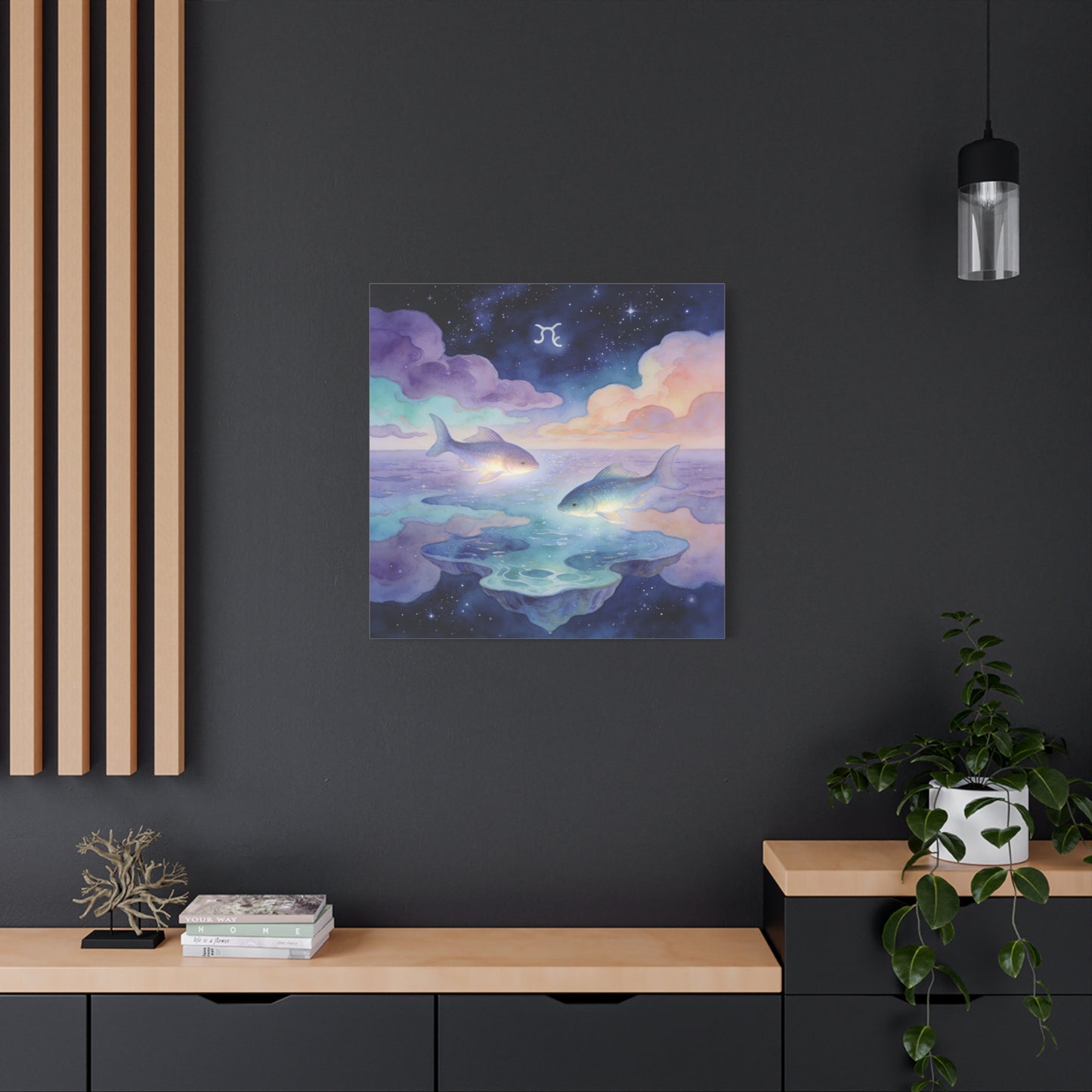 Pisces Zodiac Canvas Wall Art - Celestial Fish Over Dreamlike Sea, Watercolor Illustration - Mystical Night Sky, Matte Canvas Print - Bedroom Wall Decor, Meditation Space Accent - Ready to Hang