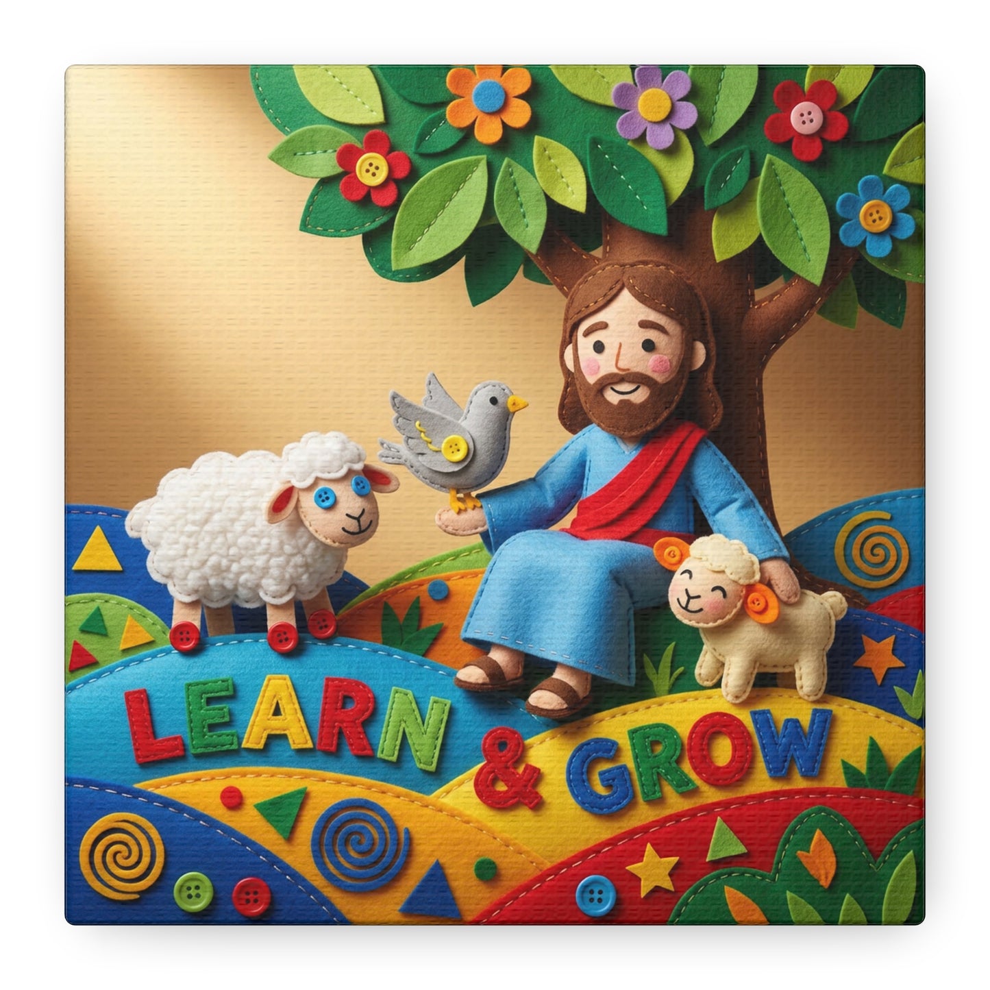 "Learn & Grow" Jesus Canvas Wall Art - Christian Nursery Decor, Lamb And Dove Under Tree - Colorful Felt Style Canvas Print - Kids Room Wall Hanging, Classroom Decoration - Ready to Hang