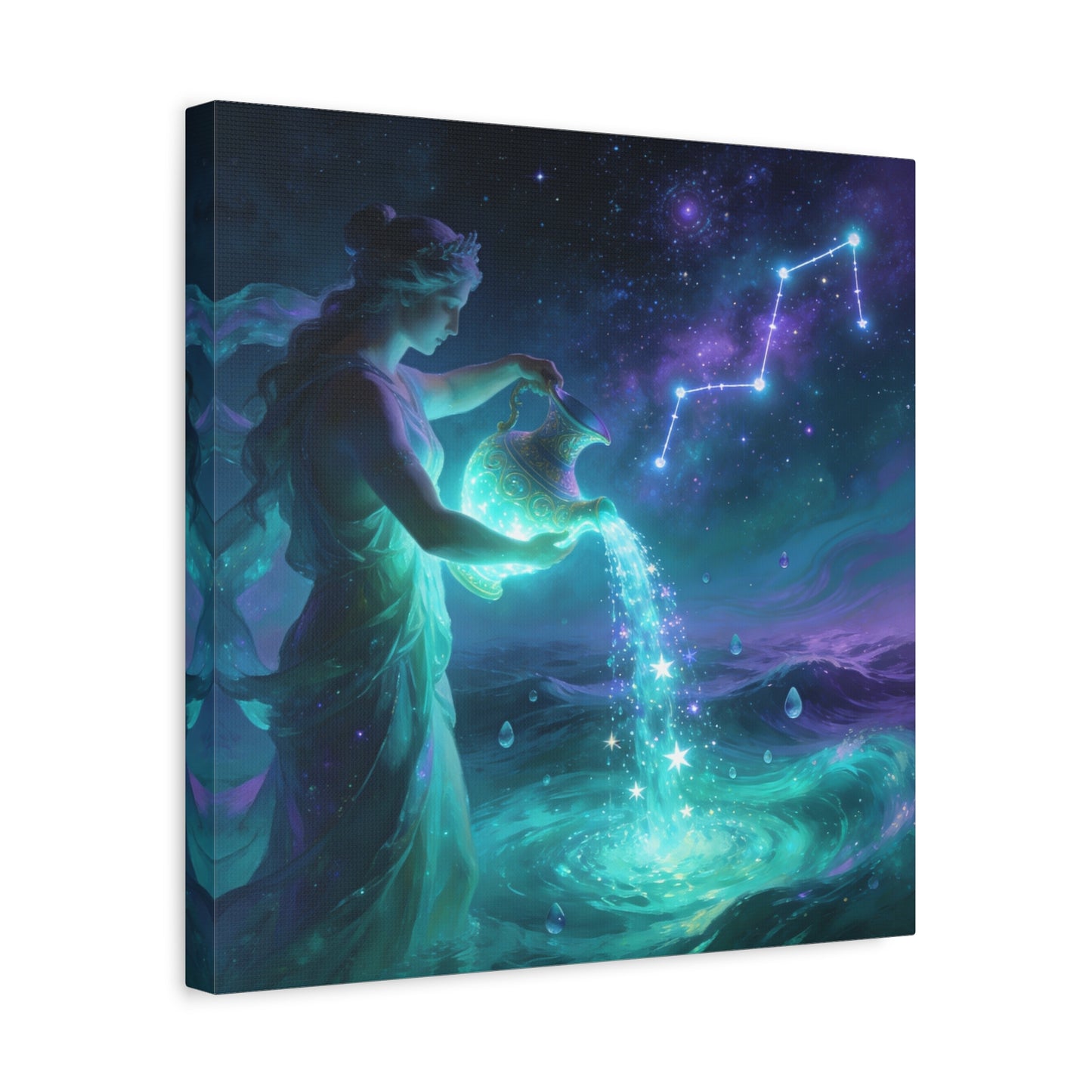 Aquarius Goddess Canvas Wall Art - Zodiac Water Bearer Celestial Galaxy Illustration - Mystical Purple Blue Fantasy Decor - Bedroom Home Decoration, Living Room Wall Decor - Bedroom Home Decoration