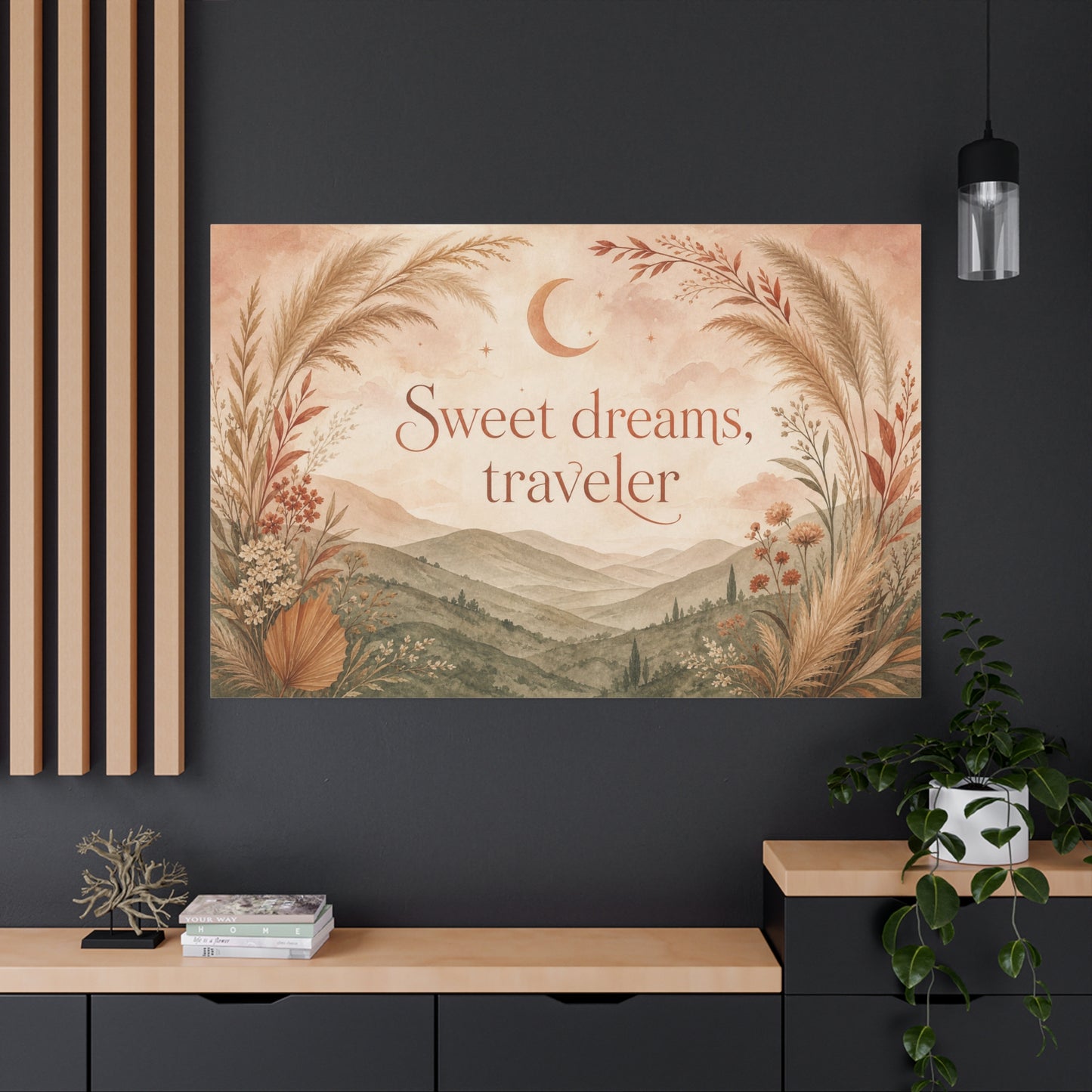 "Sweet Dreams, Traveler" Canvas Wall Art - Boho Moon Mountain Landscape Print - Neutral Botanical Bedroom Decor - Rustic Contemporary Wall Hanging - Ready to Hang - Bedroom Home Decoration
