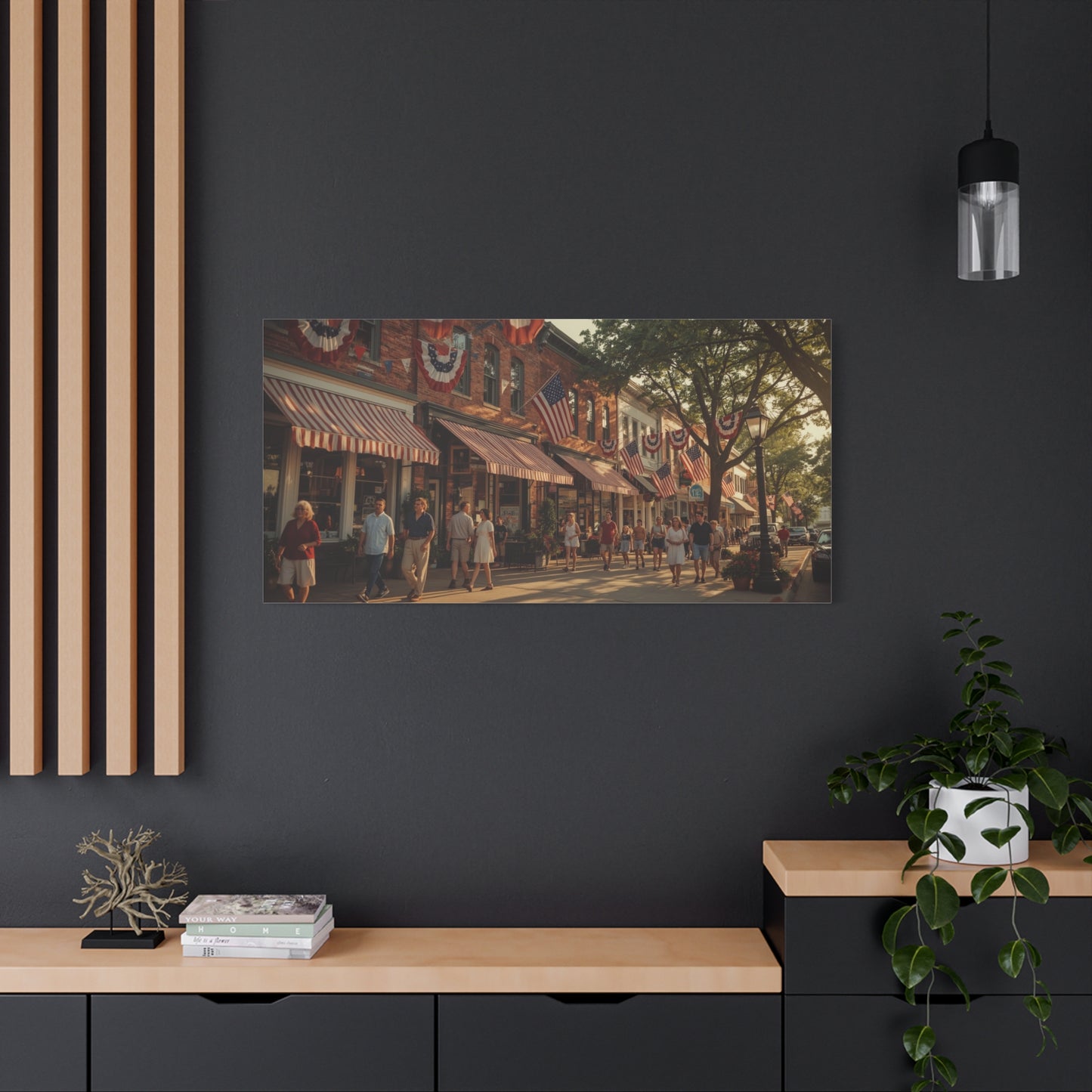 Patriotic Main Street Canvas Wall Art - American Flag Small Town Streetscape, Golden Hour Art Print - Vintage Americana Style - Living Room Wall Decor, Office Art Accent - Ready to Hang