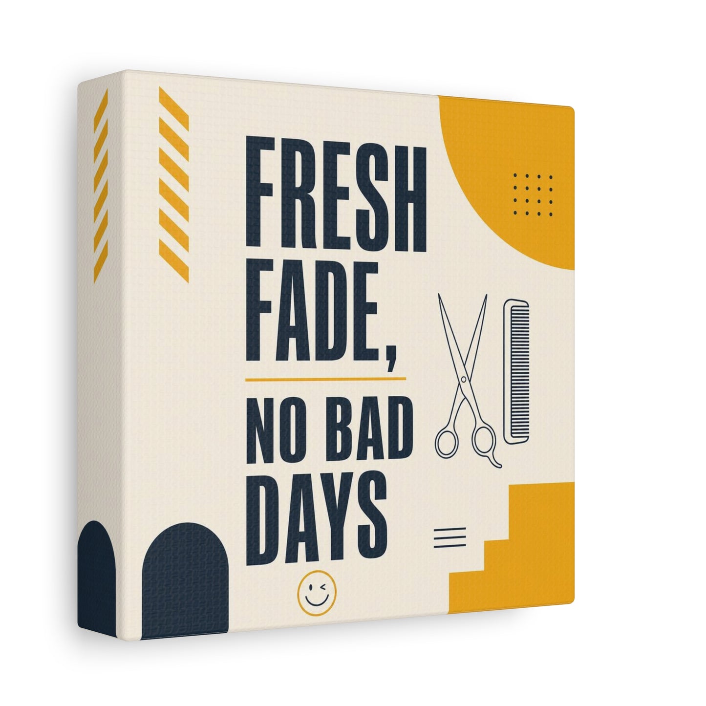 "Fresh Fade, No Bad Days" Barber Shop Canvas Wall Art - Scissors And Comb Typography Print - Modern Yellow Black Salon Decor - Workspace Wall Decor, Lobby Wall Art Accent - Gallery Wrapped Canvas