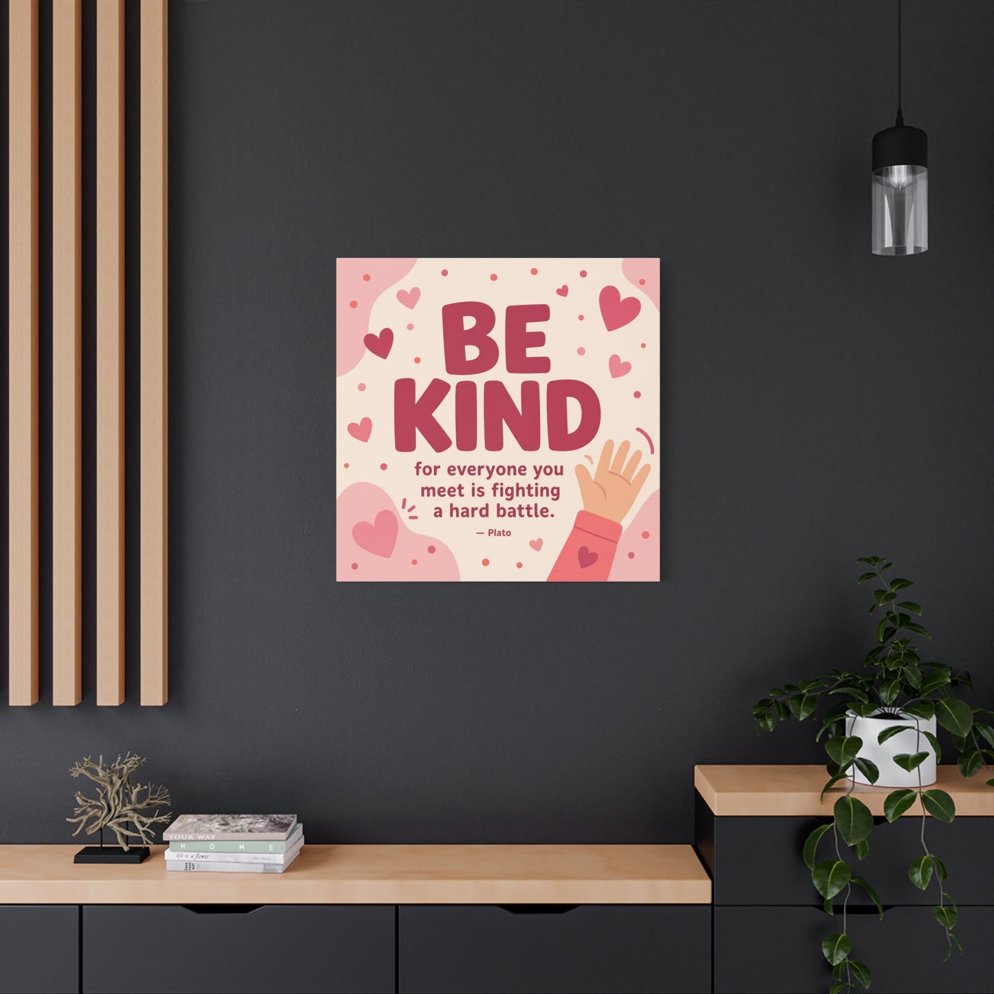 "Be Kind For Everyone You Meet Is Fighting A Hard Battle. - Plato" Canvas Wall Art - Pink Heart Typography Print - Inspirational Bedroom Decor - Modern Nursery Wall Hanging - Bedroom Home Decoration