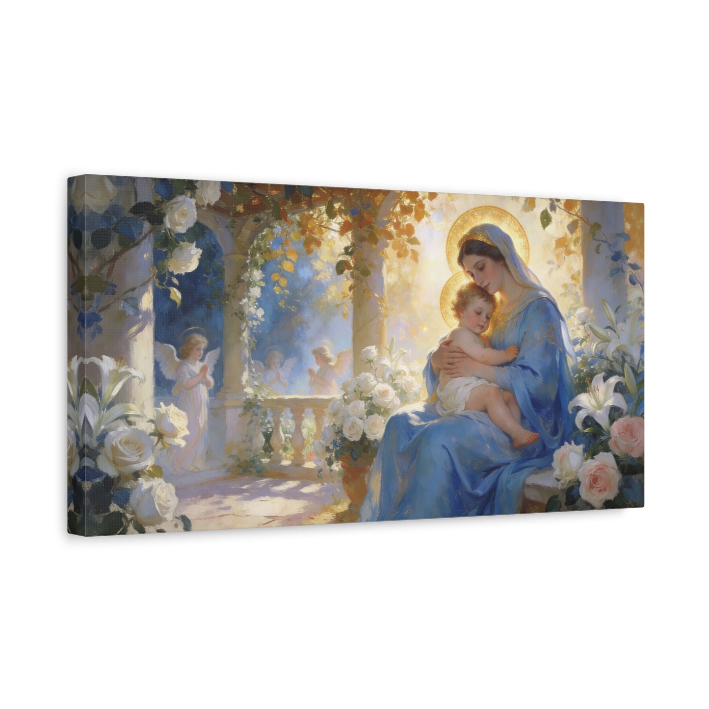 Virgin Mary And Baby Jesus Canvas Wall Art - Religious Madonna Lily Rose Painting - Traditional Blue Gold Sacred Nursery Style - Bedroom Wall Decor, Christian Home Accent - Bedroom Home Decoration