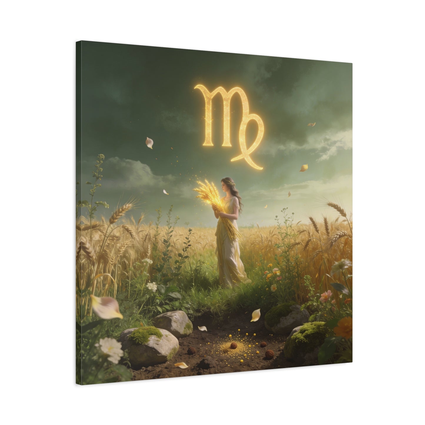 Virgo Zodiac Canvas Wall Art - Glowing Virgo Symbol, Woman In Wheat Field - Mystical Celestial Illustration, Matte Canvas Print - Bedroom Wall Decor, Meditation Space Accent - Bedroom Home Decoration