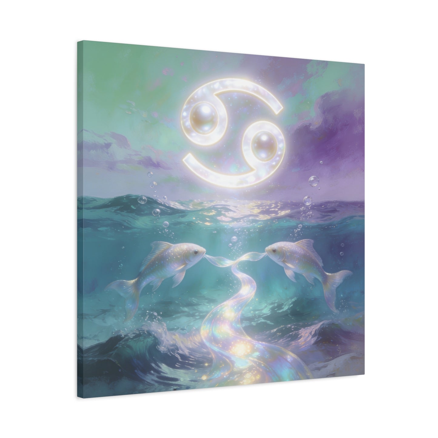 Cancer Zodiac Canvas Wall Art - Two Pearl Fish Ocean Illustration, Celestial Astrology Decor - Iridescent Matte Canvas Print - Mystical Coastal Style For Bedroom Living Room - Living Room Wall Decor