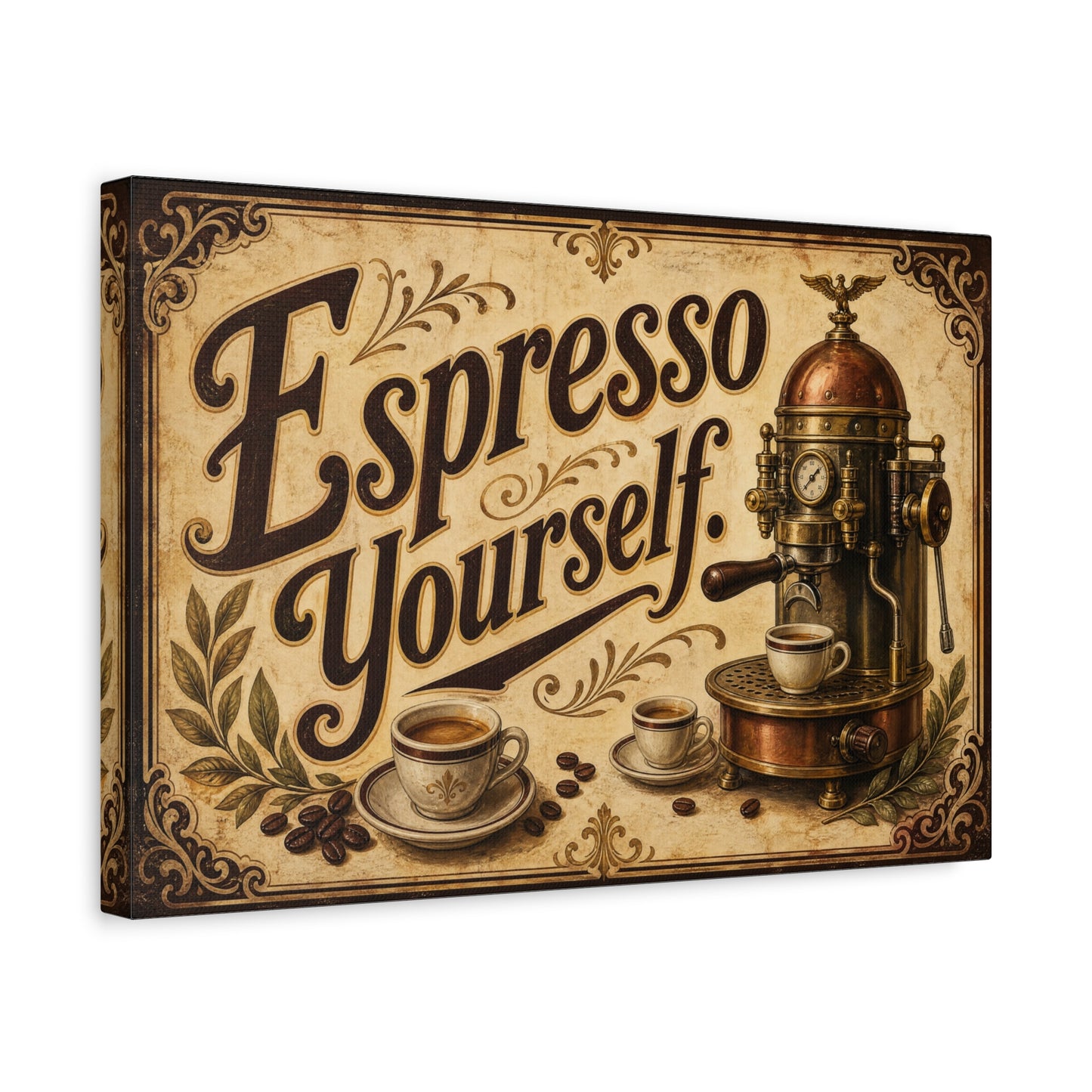 "Espresso Yourself" Coffee Canvas Wall Art - Vintage Espresso Machine Decor - Rustic Cafe Style Matte Print - Ready to Hang - Ready to Hang - Coffee Shop Decor - Cafe Wall Art - Gallery Wrapped Canvas