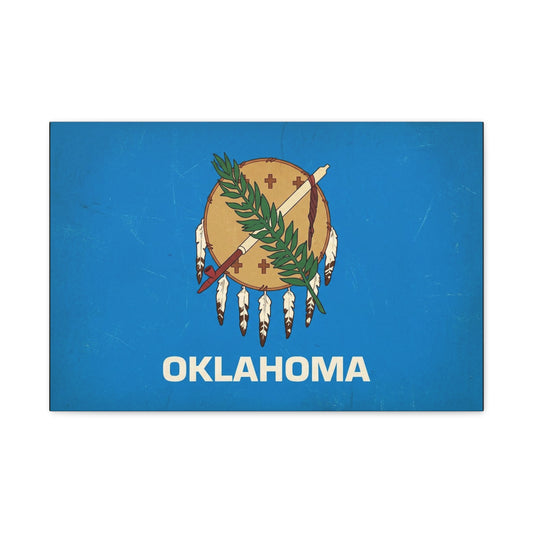 "OKLAHOMA" State Flag Canvas Wall Art - Vintage Blue Shield, Olive Branch And Peace Pipe Print - Rustic Americana Style - Living Room Decor, Office Wall Accent - Ready to Hang - Modern Farmhouse Style