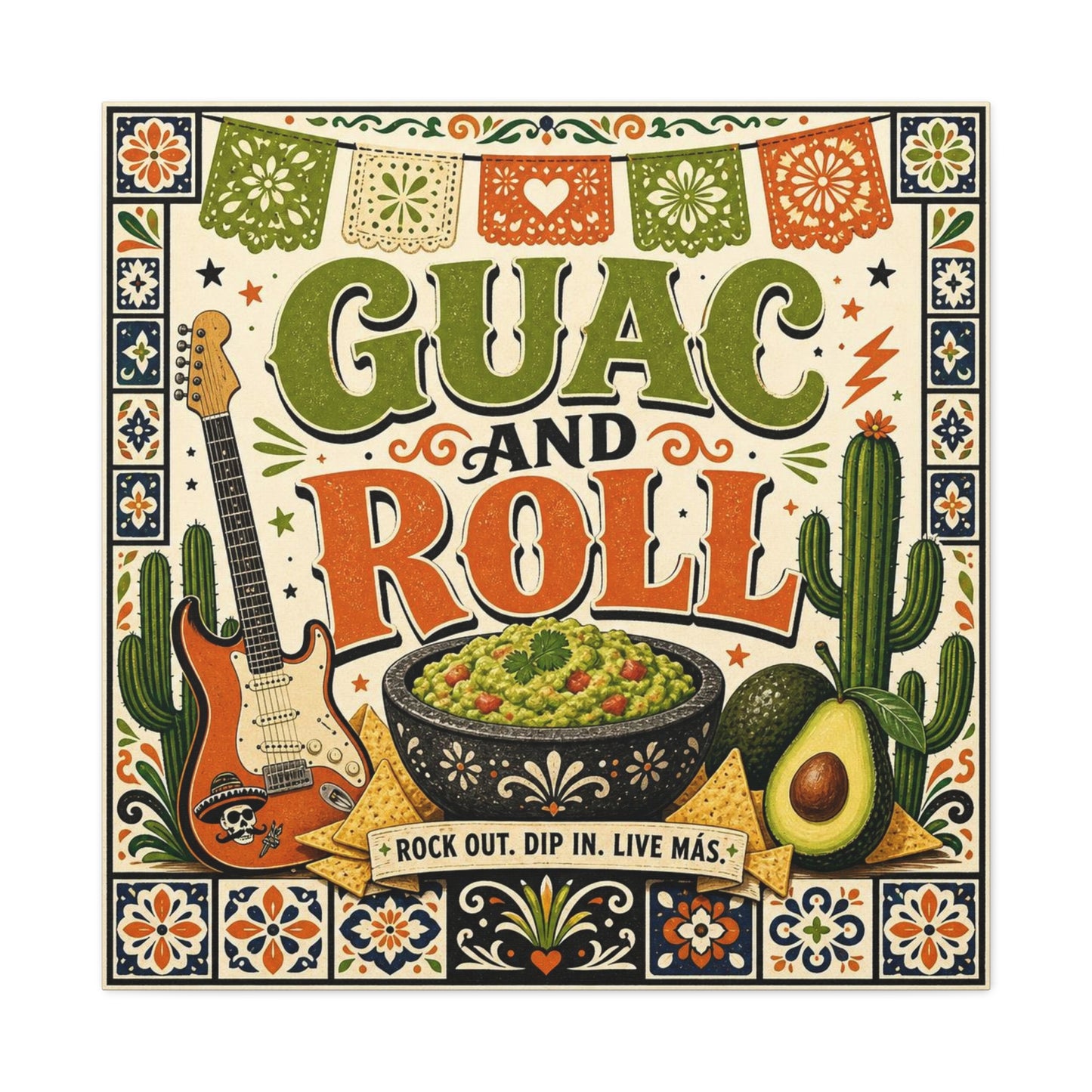 "Guac And Roll" Typography Canvas Wall Art - Fiesta Guitar, Cactus, Avocado Folk Illustration - Bohemian Rustic Style - Kitchen Wall Decor, Dining Room Accent, Cafe Wall Decor - Modern Farmhouse Style