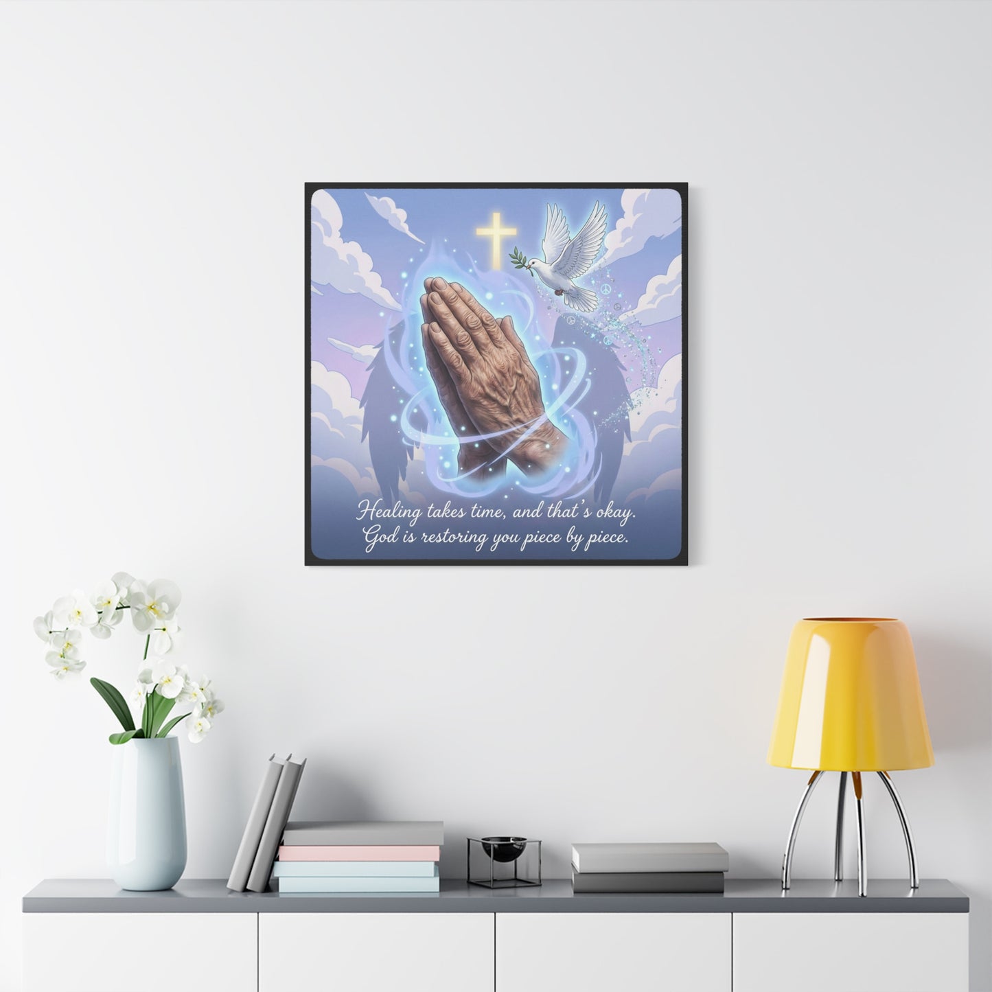 "Healing Takes Time, And That’s Okay. God Is Restoring You Piece By Piece." Christian Canvas Wall Art - Praying Hands, Dove, Cross - Faith Inspired Blue Sky Decor - Bedroom Living Room Office