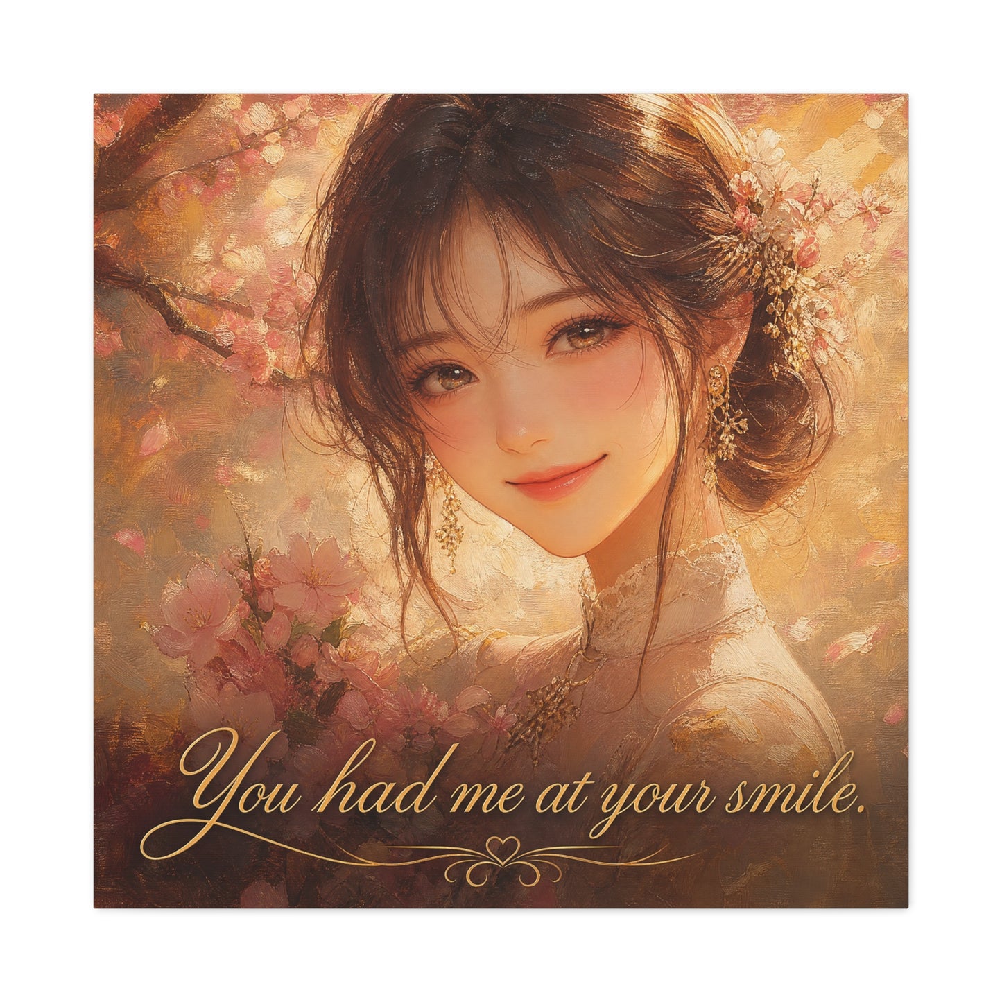 You Had Me At Your Smile Portrait Canvas Wall Art - Romantic Floral Woman Quote Print - Golden Blush Illustration - Traditional Style Living Room Decor - Ready to Hang - Living Room Wall Decor