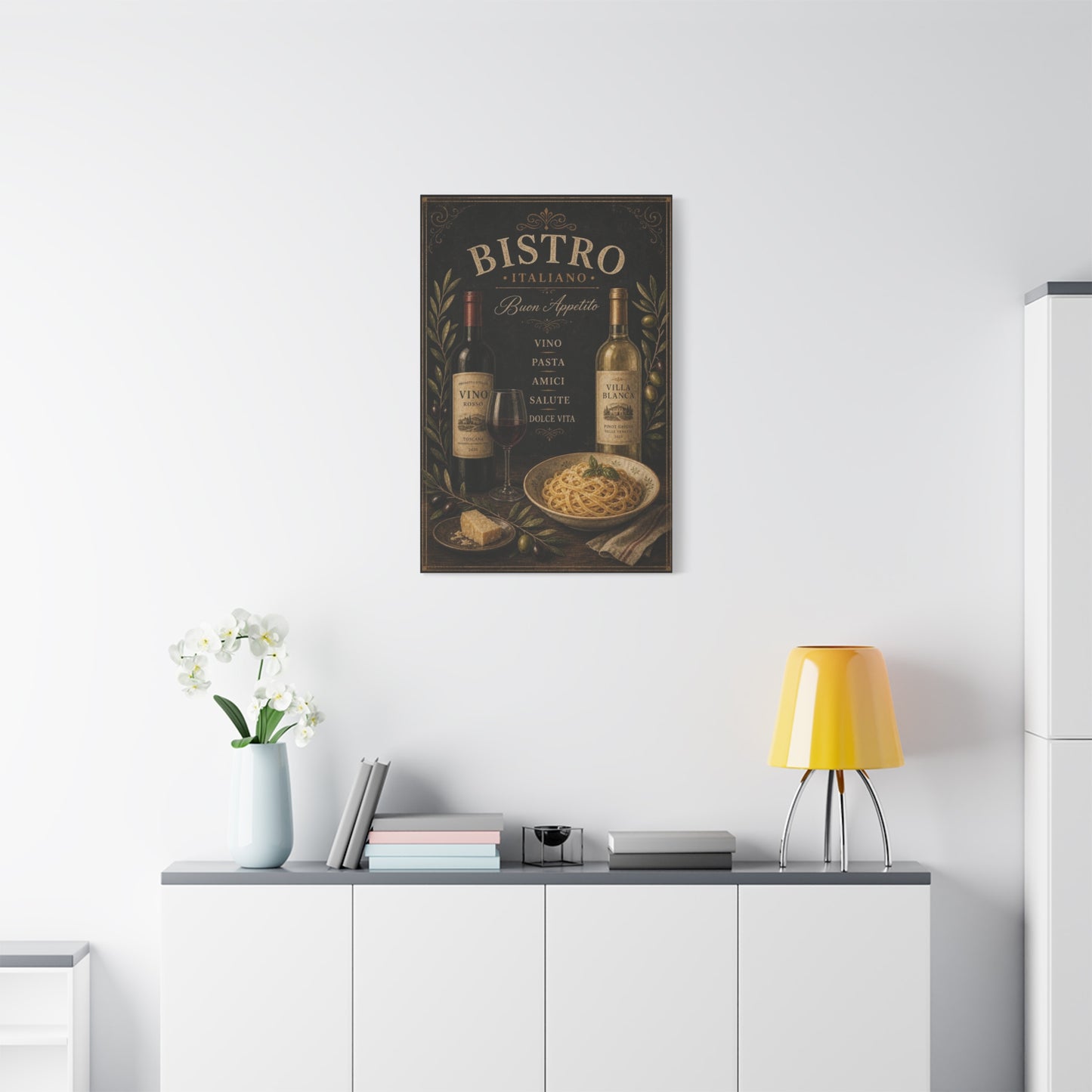 "Bistro Italiano Buon Appetito" Canvas Wall Art - Wine Bottles, Pasta, Olives - Vintage Italian Kitchen Decor - Rustic Farmhouse Style - Dining Room Accent, Cafe Wall Decor - Bedroom Home Decoration