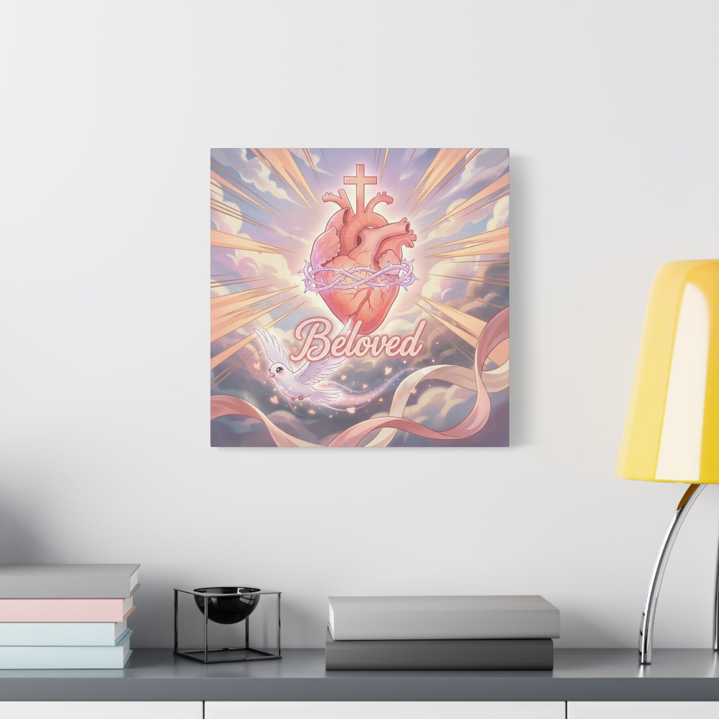 "Beloved" Sacred Heart Canvas Wall Art - Cross, Dove, Crown Of Thorns Christian Decor - Pink Pastel Religious Print - Inspirational Bedroom Home Decoration, Living Room Wall Decor - Ready to Hang