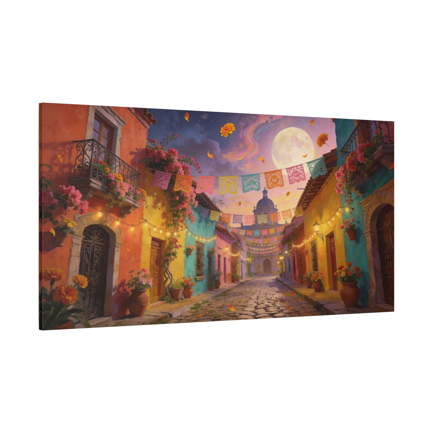 Moonlit Colorful Colonial Street Canvas Wall Art - Papel Picado, Marigolds, Full Moon - Dreamy Matte Canvas Print - Living Room Wall Decor, Bedroom Home Decoration - Bedroom Home Decoration