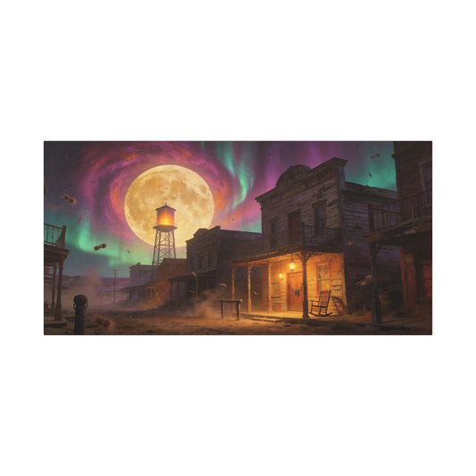 Moonlit Western Town Canvas Wall Art - Surreal Desert Street, Water Tower, Aurora Sky - Matte Cotton Art Print - Vintage Frontier Style, Living Room Wall Decor Office Accent - Bedroom Home Decoration