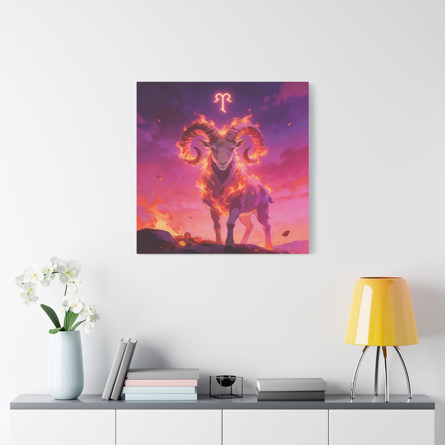 Aries Ram Canvas Wall Art - Fiery Zodiac Illustration, Purple Pink Flame Sky, Matte Canvas Print, Modern Fantasy Style, Bedroom Wall Decor, Home Office Accent, Statement Piece For Astrology Lovers