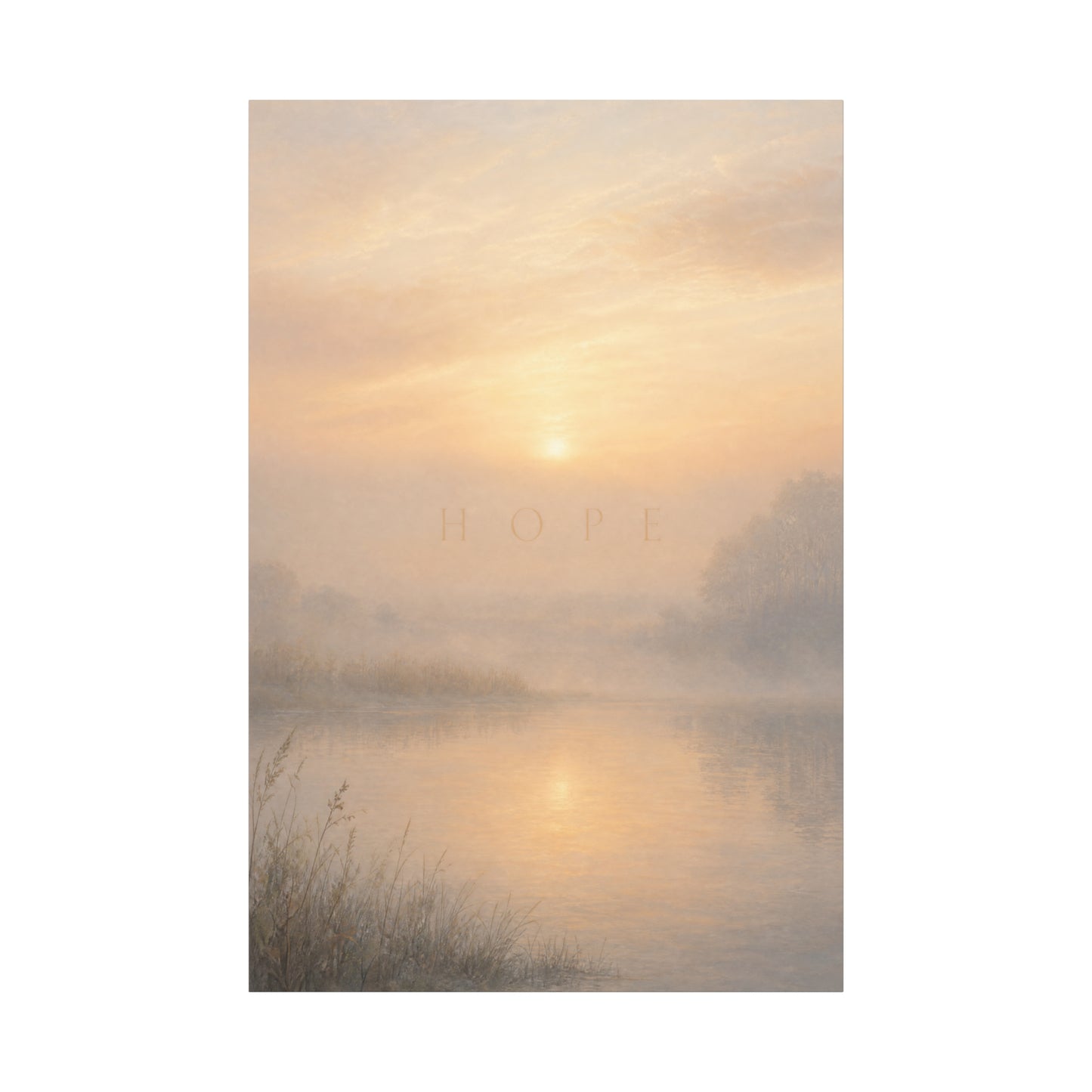 "Hope" Misty Sunrise Lake Canvas Wall Art - Serene Landscape Print, Inspirational Bedroom Wall Decor, Soft Neutral Home Decoration, Contemporary Meditation Space Accent - Bedroom Home Decoration