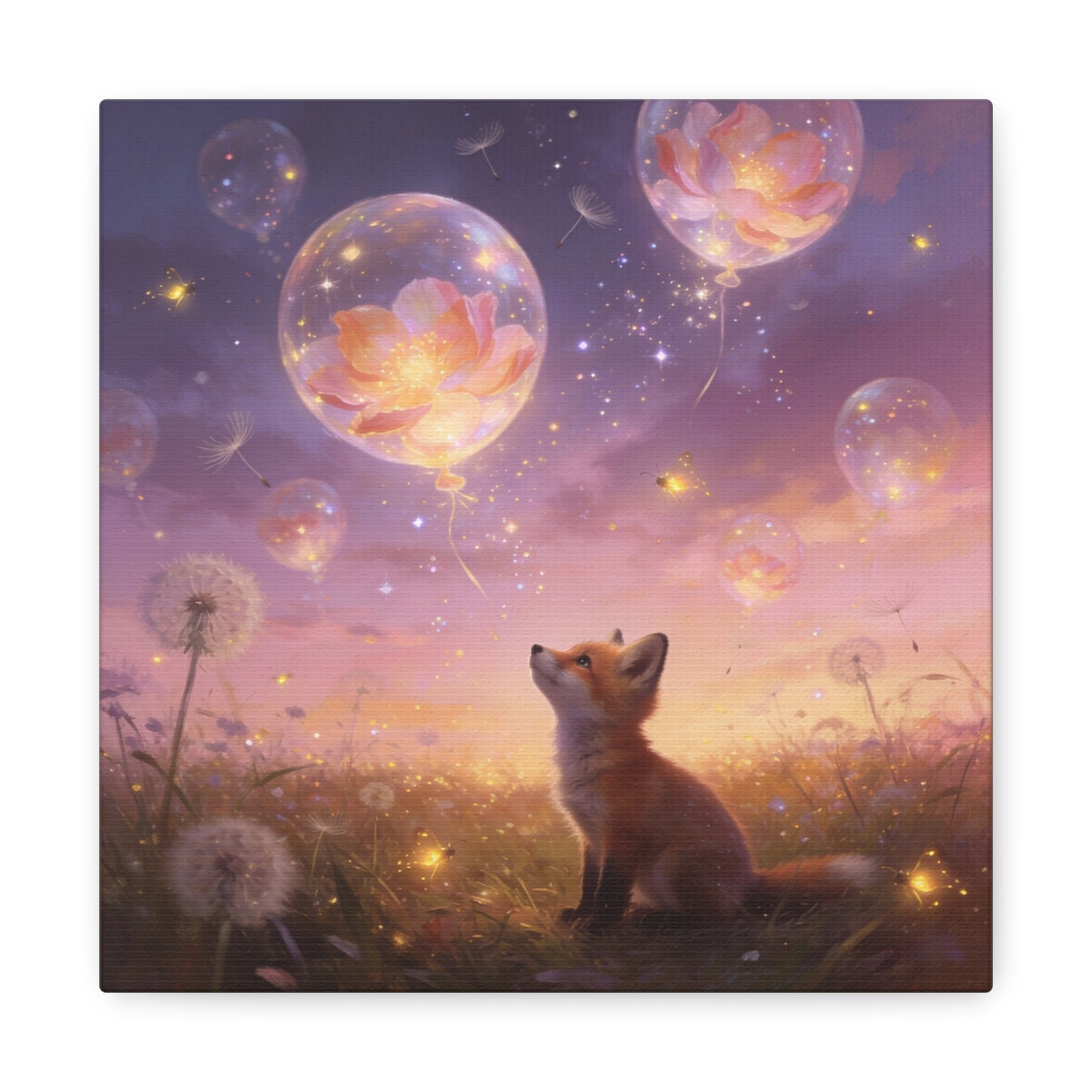 Fox Canvas Wall Art - Whimsical Fox Under Floral Balloons, Dreamy Twilight Meadow Canvas Print - Pastel Fantasy Style, Living Room Wall Decor, Bedroom Home Decoration - Bedroom Home Decoration