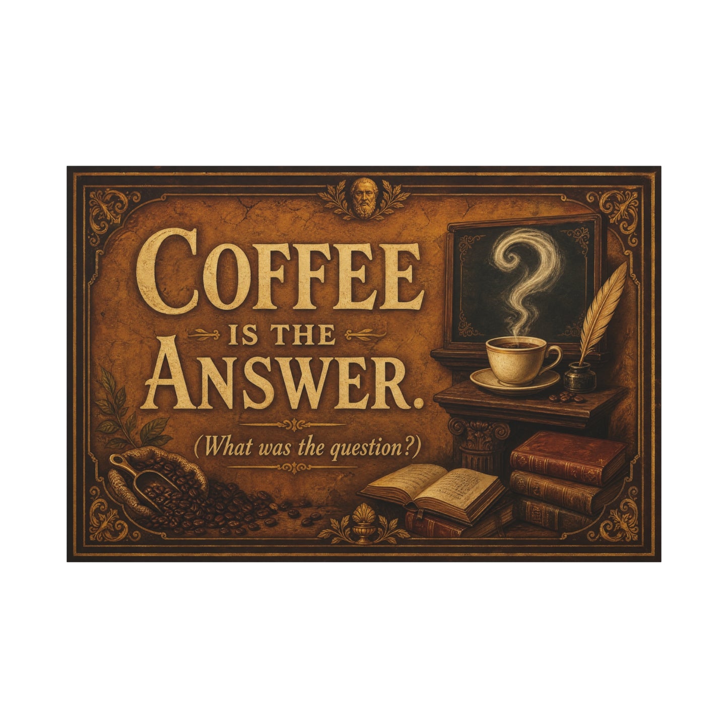 Coffee Is The Answer. What Was The Question Canvas Wall Art - Vintage Coffee Cup, Books, Bean Sack Decor - Rustic Typography Print - Cafe Interior, Study Room Decoration - Cafe Wall Art - Bistro Decor