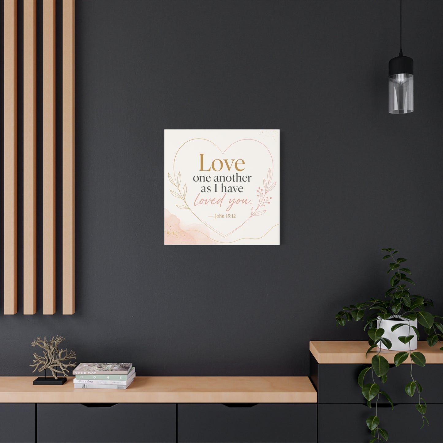 "Love One Another As I Have Loved You. John 15:12" Canvas Wall Art - Christian Scripture Quote, Heart Line Floral Design - Blush Gold Typography - Bedroom Living Room Decor - Living Room Wall Decor