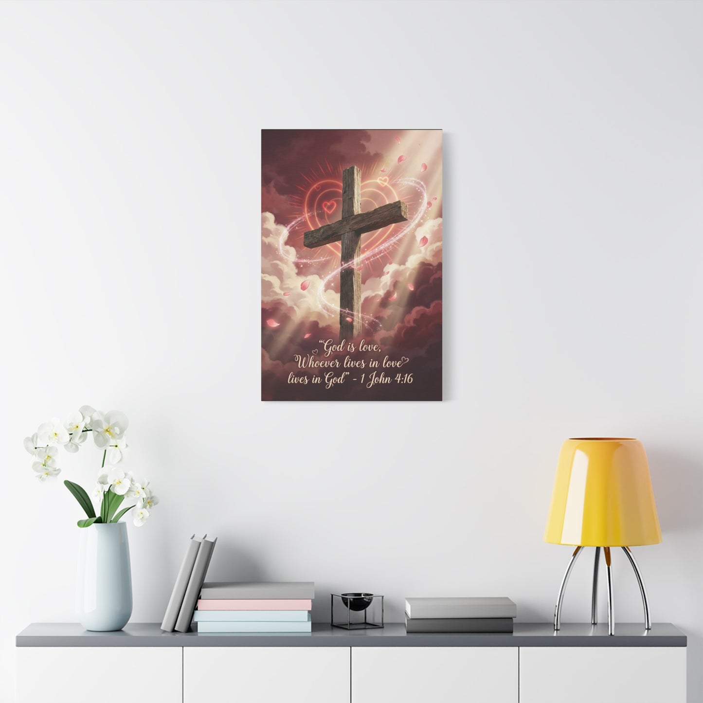 "God Is Love, Whoever Lives In Love Lives In God" Cross Canvas Wall Art - 1 John 4:16 Scripture Print, Romantic Christian Decor, Traditional Bedroom Wall Decor - Bedroom Home Decoration
