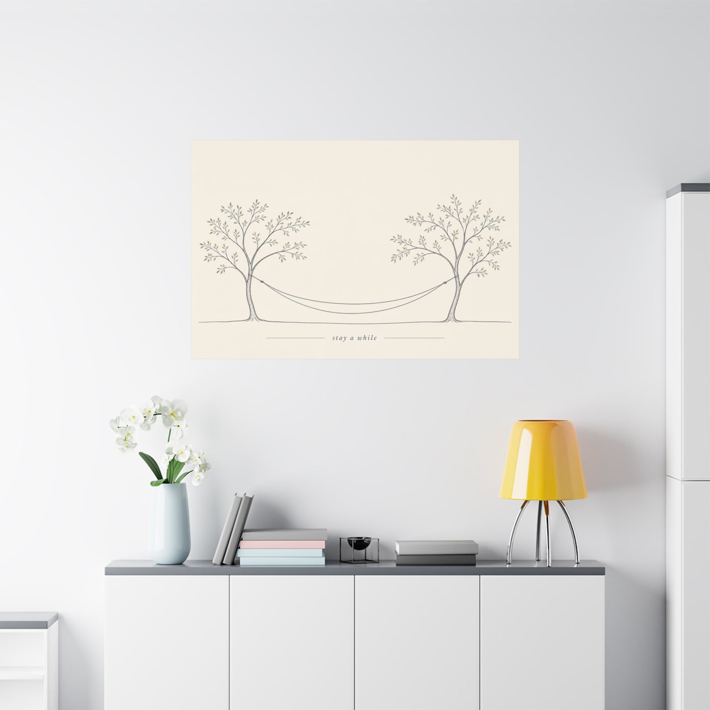 "Stay A While" Hammock Between Trees Canvas Wall Art - Minimalist Botanical Line Drawing, Neutral Beige Cotton Canvas Print - Bedroom Wall Decor, Living Room Home Decoration - Bedroom Home Decoration