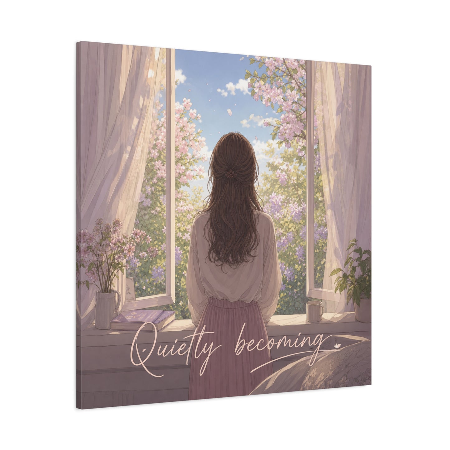 "Quietly Becoming" Girl At Window Canvas Wall Art - Cherry Blossom Bedroom Decor, Soft Pastel Inspirational Print, Dreamy Feminine Room Decoration - Bedroom Home Decoration - Living Room Wall Decor