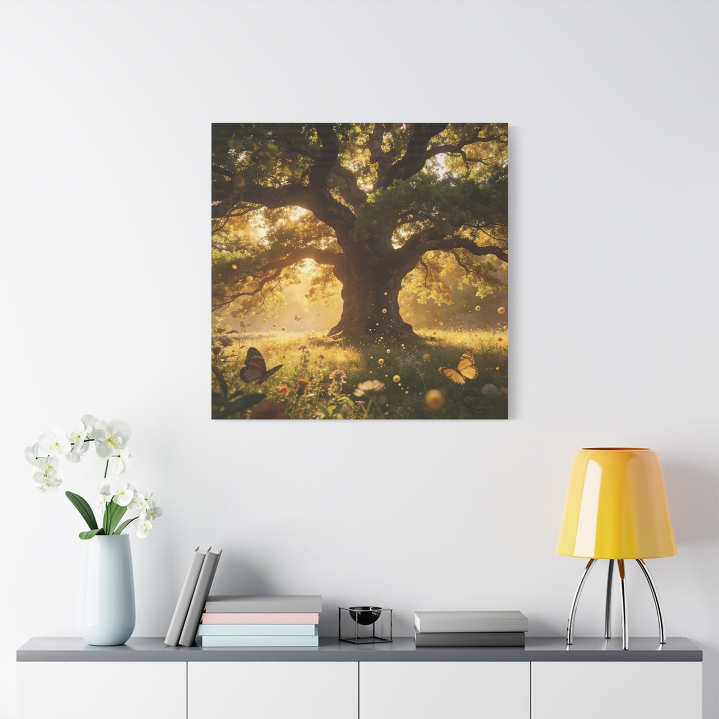 Sunlit Oak Tree Canvas Wall Art - Golden Meadow Butterflies, Nature Landscape Print - Matte Cotton Art Print, Traditional Style - Living Room Wall Decor, Bedroom Home Decoration - Ready to Hang