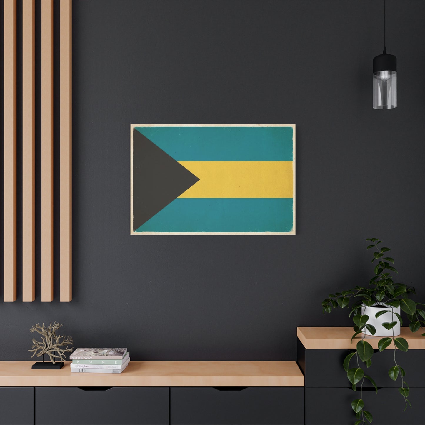 Bahamas Flag Canvas Wall Art - Vintage Caribbean National Flag Print, Blue Yellow Black Geometric Design - Coastal Decor - Living Room Home Decoration - Living Room Wall Decor - Modern Farmhouse Style