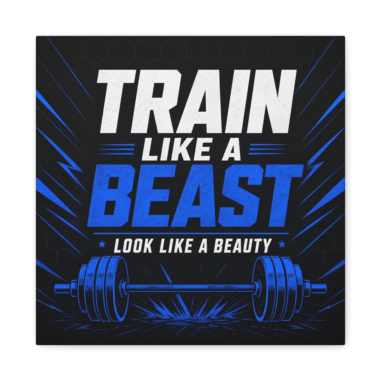 "Train Like A Beast Look Like A Beauty" Gym Canvas Wall Art - Blue Black Barbell Typography Motivational Fitness Decor - Modern Sports Quote Print - Ready to Hang - Living Room Wall Decor