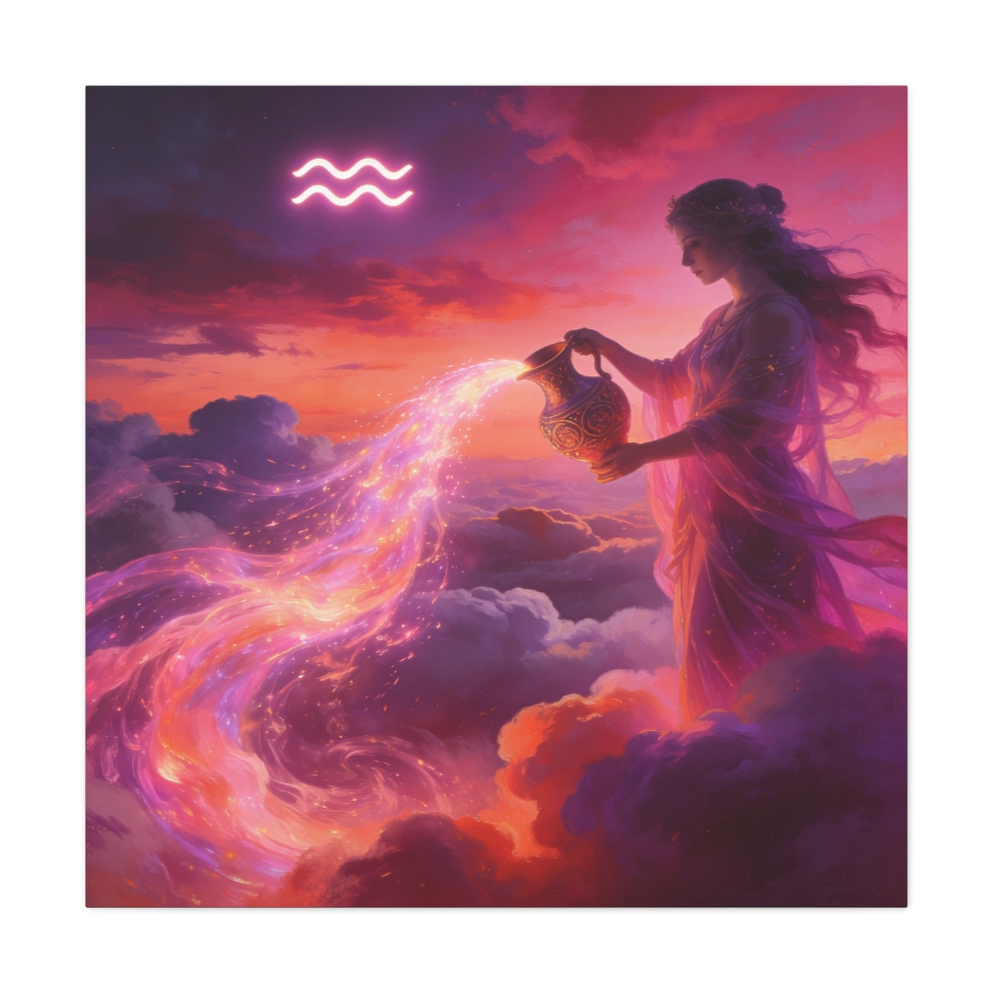 Aquarius Goddess Canvas Wall Art - Zodiac Woman Pouring Celestial Water, Fantasy Sky Illustration - Pink Purple Matte Canvas Print - Bedroom Wall Decor, Bohemian Home Accent - Bedroom Home Decoration