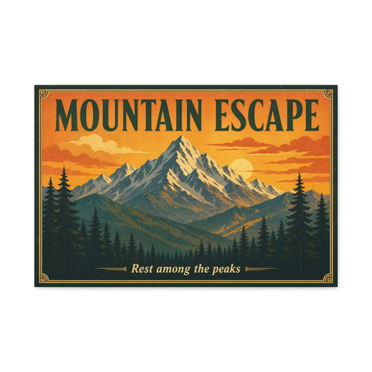 "Mountain Escape" Canvas Wall Art - Vintage Mountain Landscape Print, Sunset Pine Forest Poster Style - "Rest Among The Peaks" - Rustic Cabin Wall Decor, Living Room Home Accent - Ready to Hang