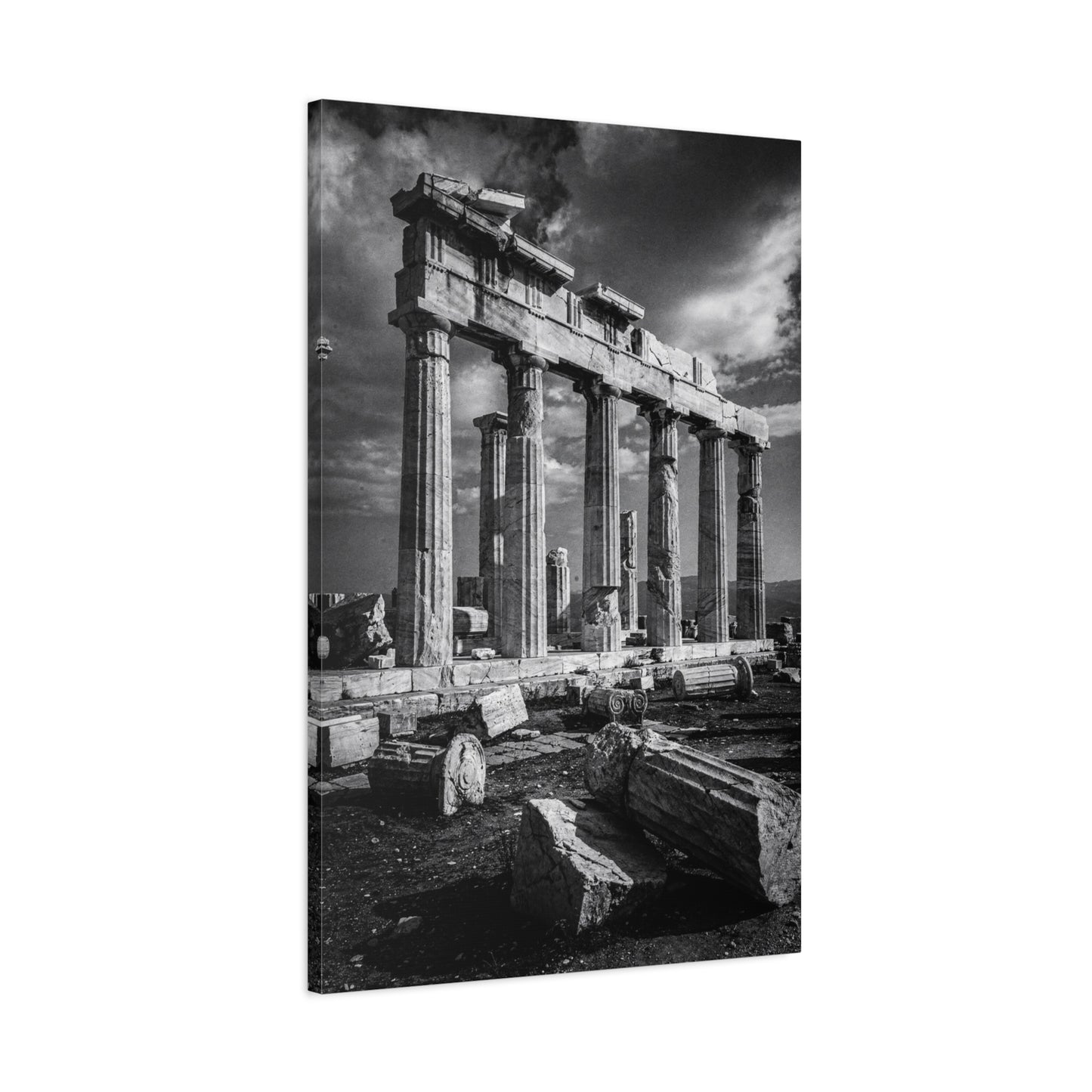 Ancient Greek Temple Ruins Canvas Wall Art - Black And White Architectural Art Print, Dramatic Sky, Vintage Classical Style - Living Room Wall Decor, Office Art Accent - Modern Farmhouse Style