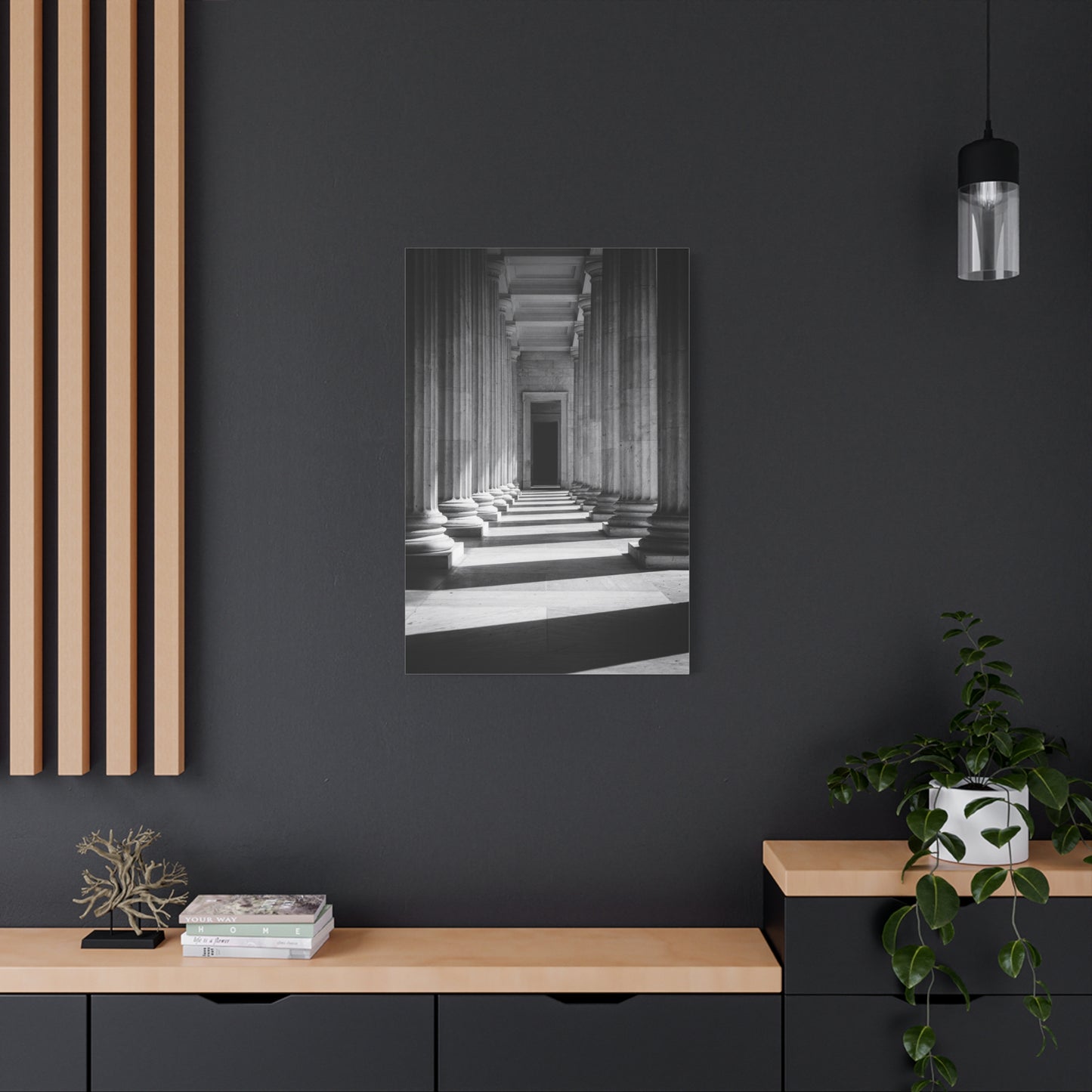 Black And White Classical Column Hallway Canvas Wall Decor - Architectural Art Print, Dramatic Light And Shadow, Minimalist Interior Accent - Living Room Decoration Office Display