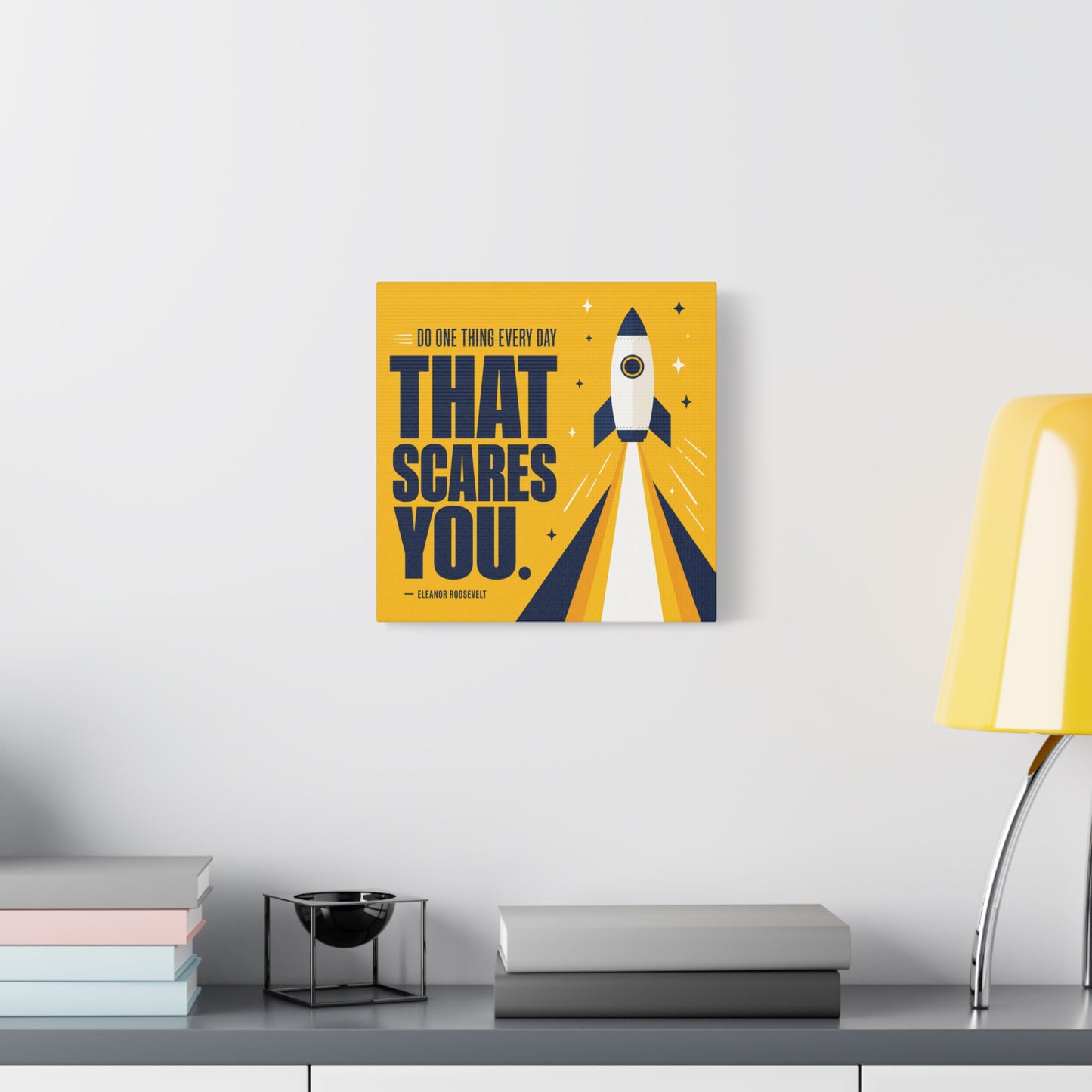 "Do One Thing Every Day That Scares You." Rocket Canvas Wall Art - Motivational Typography Space Decor - Modern Yellow Quote Print - Kids Bedroom Wall Decor, Playroom Home Decoration - Ready to Hang
