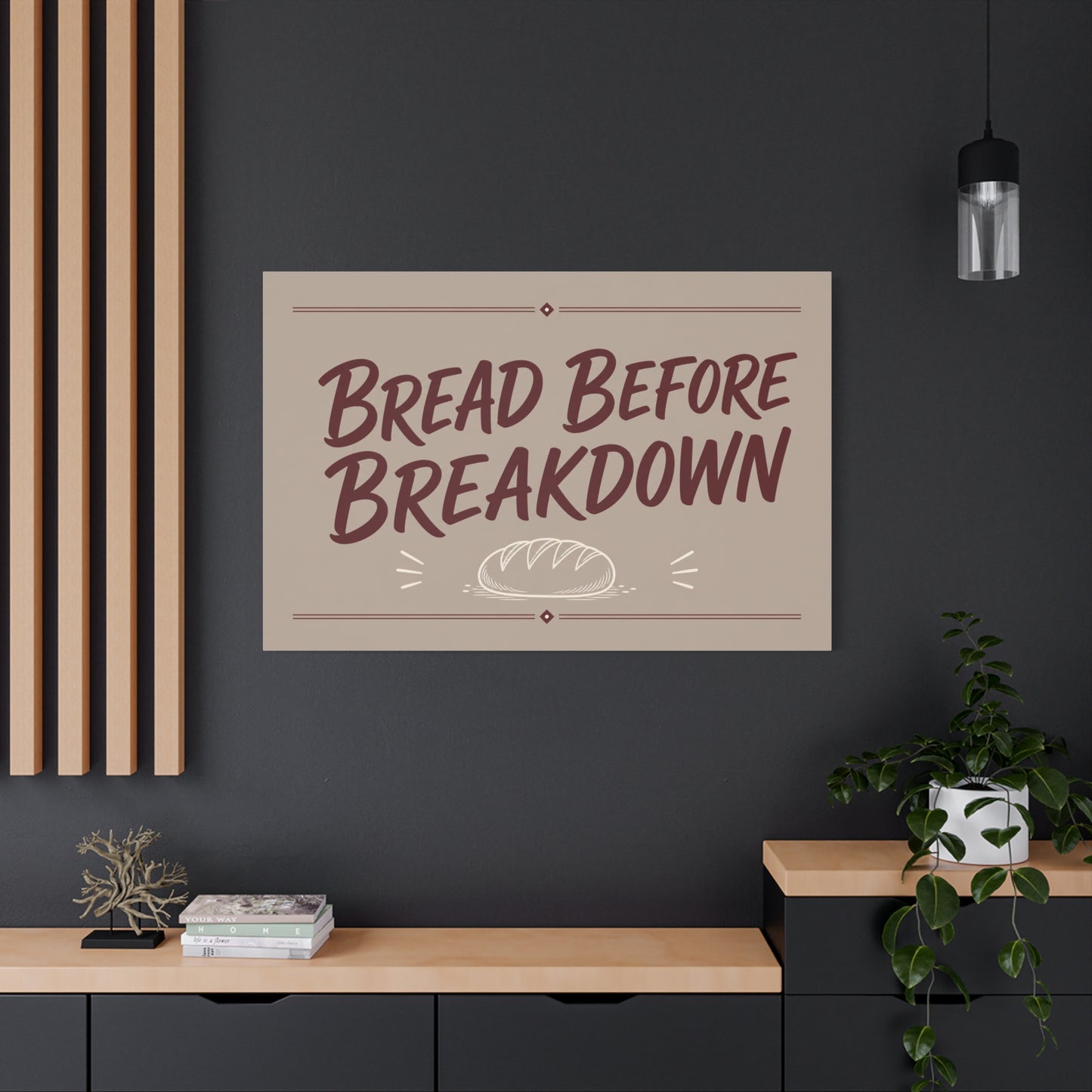 "Bread Before Breakdown" Funny Canvas Wall Art - Bread Loaf Typography Print, Rustic Farmhouse Food Decor - Beige Brown Minimalist Wall Hanging - Ready to Hang - Sandwich Shop Sign - Diner Decor