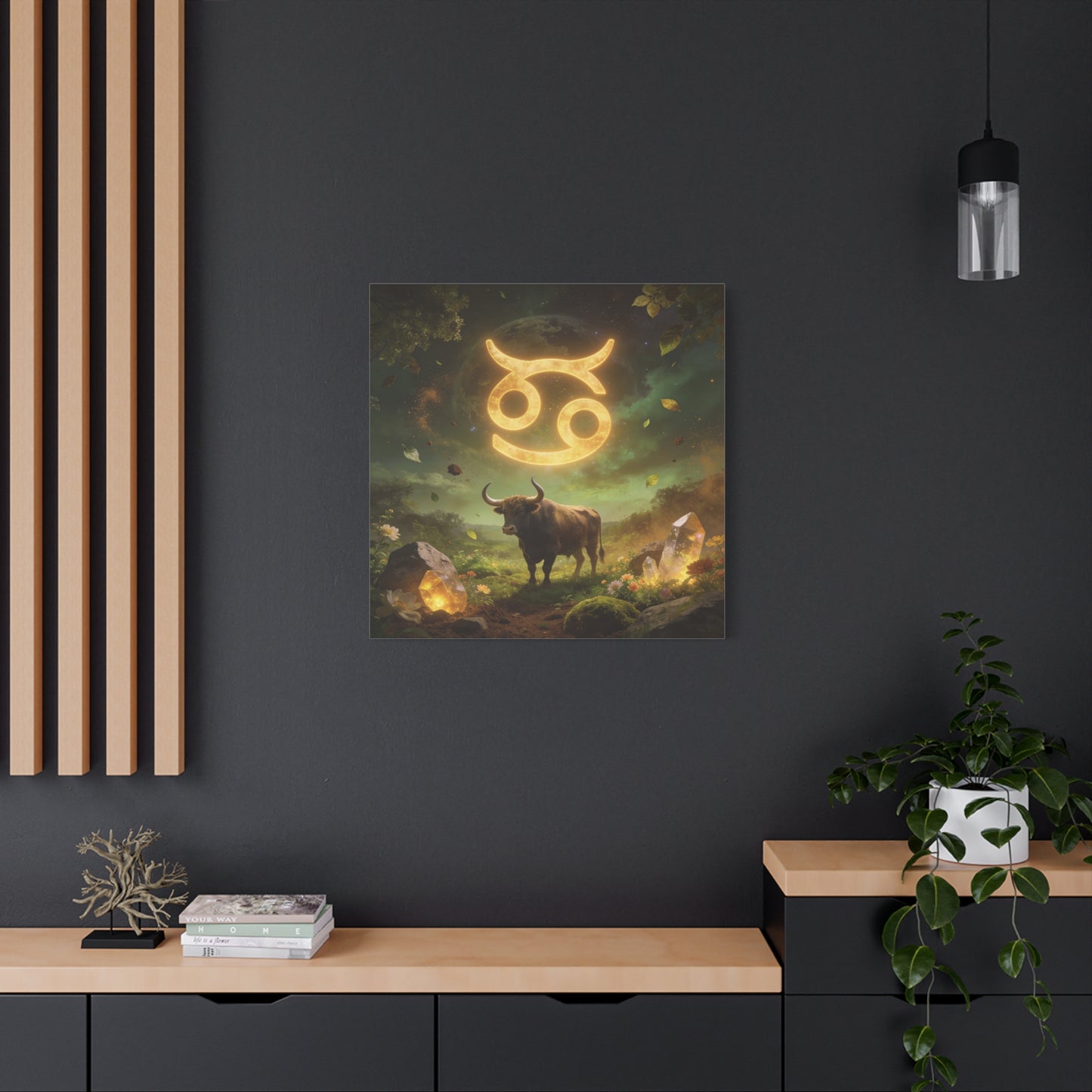 Cancer Zodiac Canvas Wall Art - Glowing Astrology Symbol, Bull And Crystal Fantasy Scene - Celestial Green Gold Illustration - Bedroom Home Decoration, Meditation Space Accent - Living Room Wall Decor