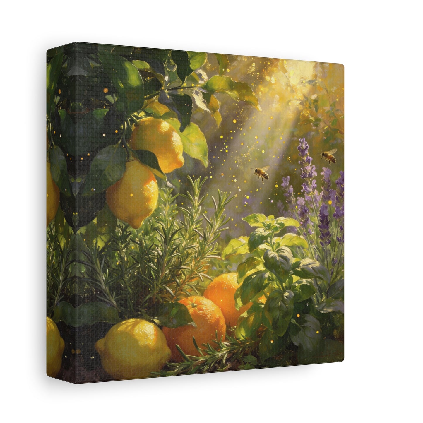 Lemon Herb Garden Canvas Wall Art - Bees, Lavender, Rosemary, Sunlit Botanical Painting - Matte Cotton Print, Rustic Farmhouse Style - Kitchen Wall Decor, Dining Room Accent - Bedroom Home Decoration