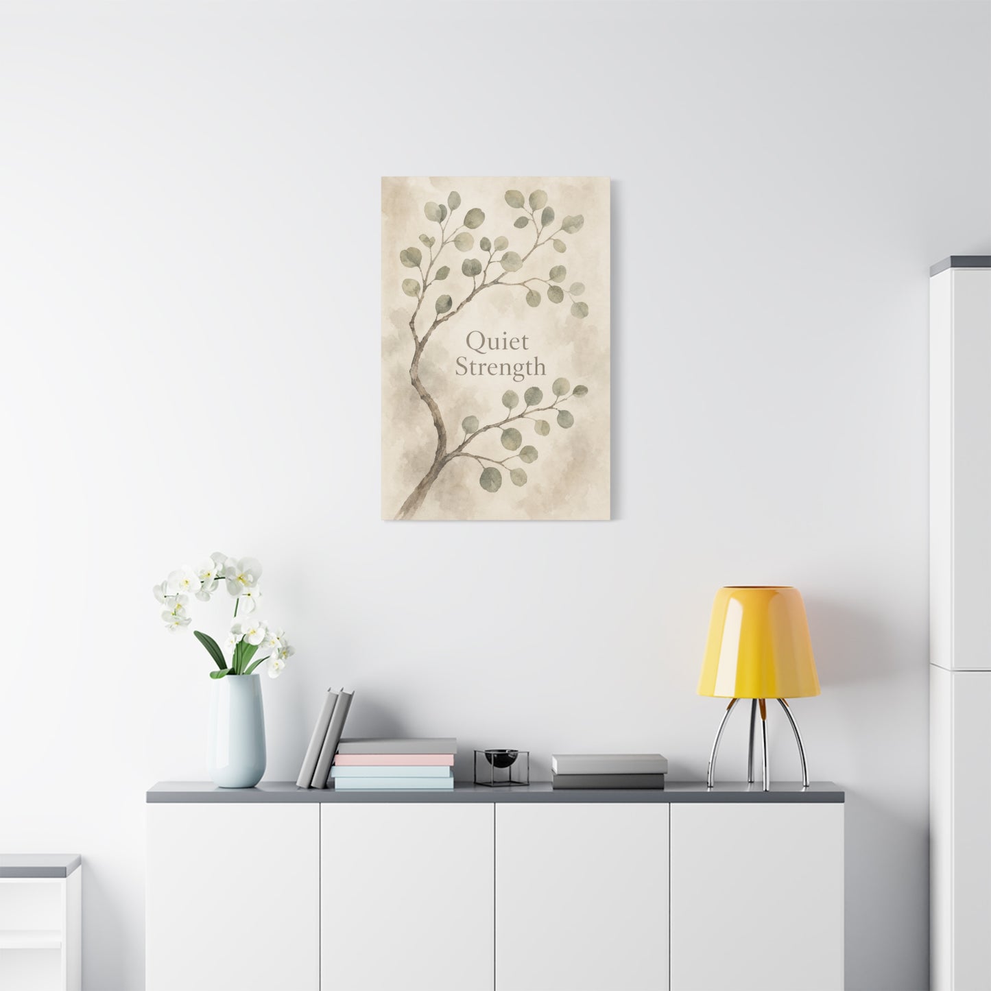 "Quiet Strength" Botanical Canvas Wall Art - Minimalist Sage Leaf Branch Print - Neutral Inspirational Wall Decor - Bedroom Home Decoration, Living Room Accent - Bedroom Home Decoration