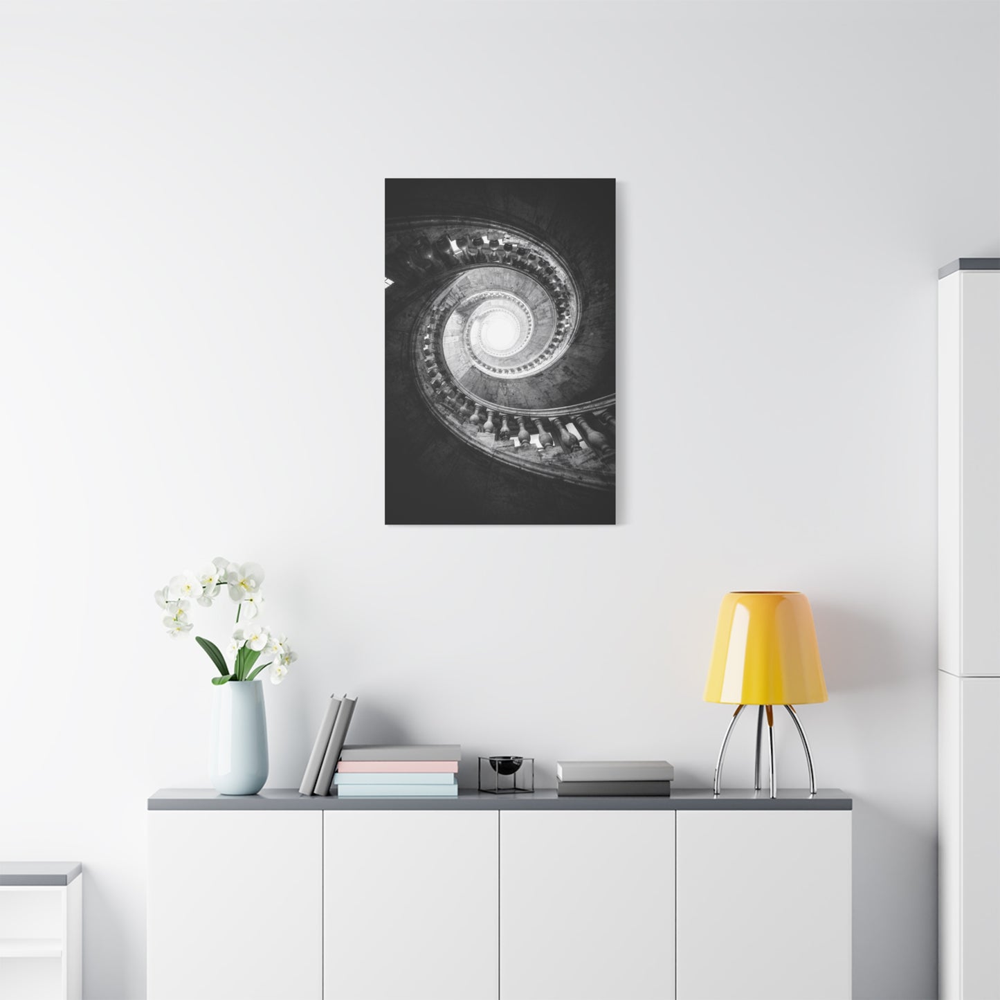 Spiral Staircase Canvas Wall Art - Black And White Architectural Art Print - Dramatic Stone Rotunda, Contemporary Interior Decor - Living Room Wall Decor, Office Art - Bedroom Home Decoration