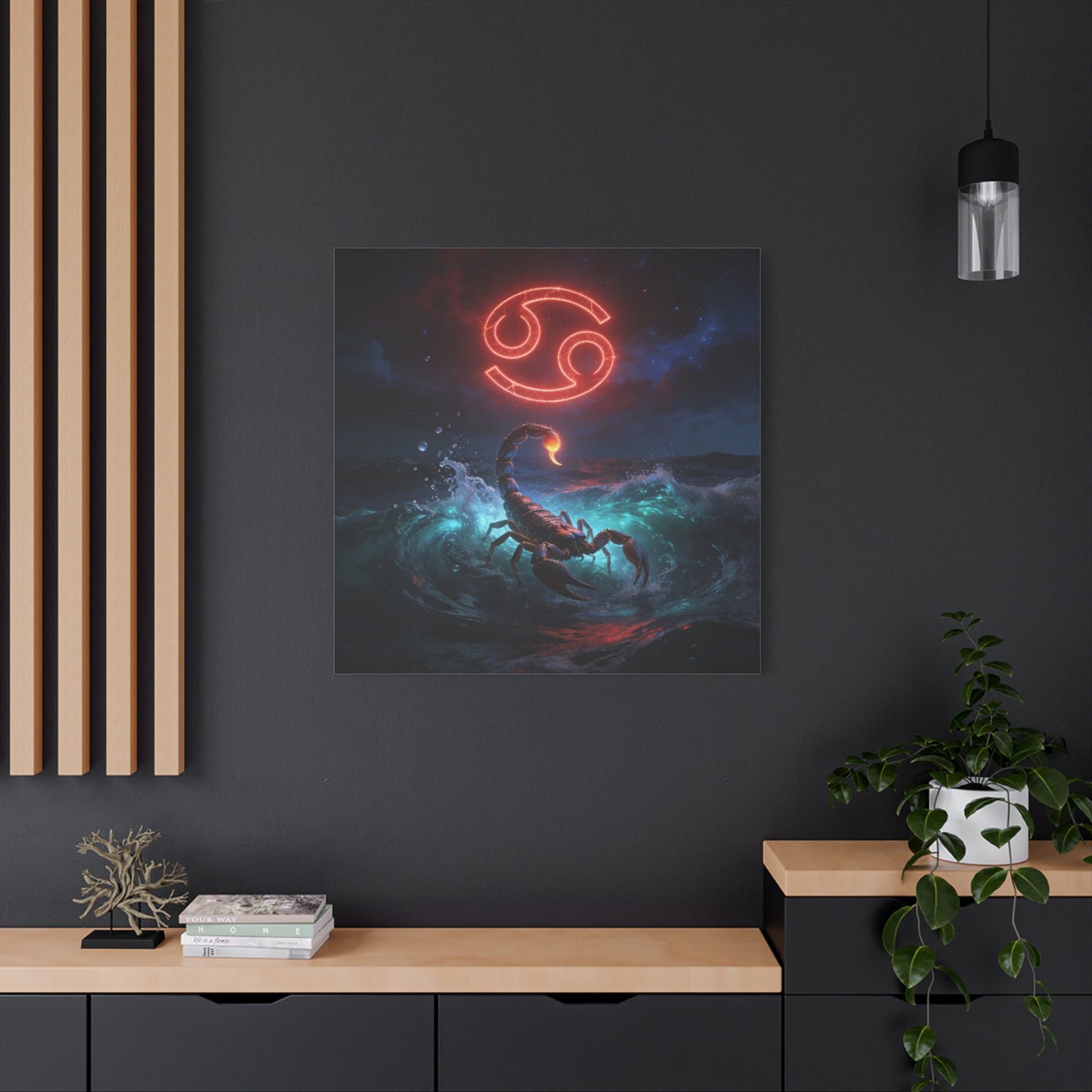 Cancer Zodiac Canvas Wall Art - Neon Crab Ocean Astrology Print, Celestial Night Seascape, Matte Canvas Decor, Bedroom Home Decoration, Living Room Wall Decor, Modern Space Style - Ready to Hang