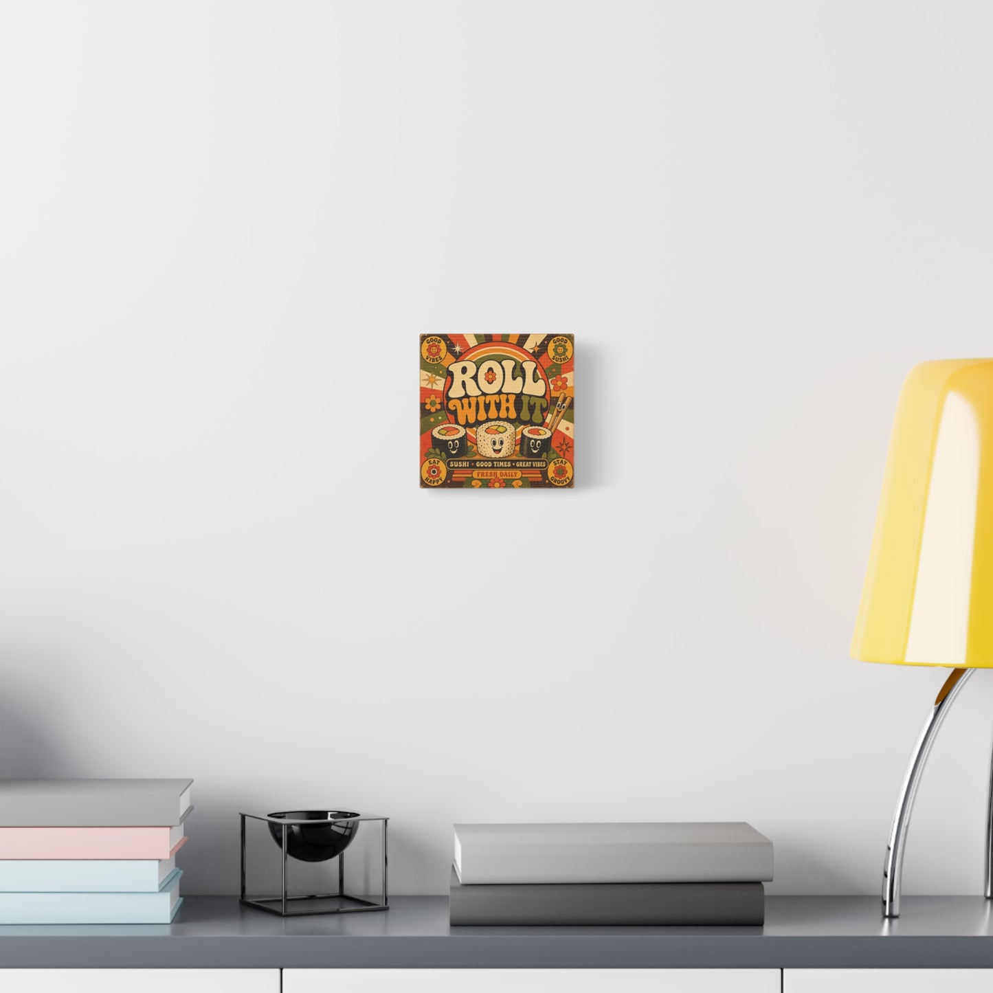 "Roll With It" Sushi Canvas Wall Art - Retro Typography Food Illustration, Groovy Orange Green Bohemian Print, Cafe Wall Decor, Kitchen Room Decoration, Vintage Poster Style - Bedroom Home Decoration
