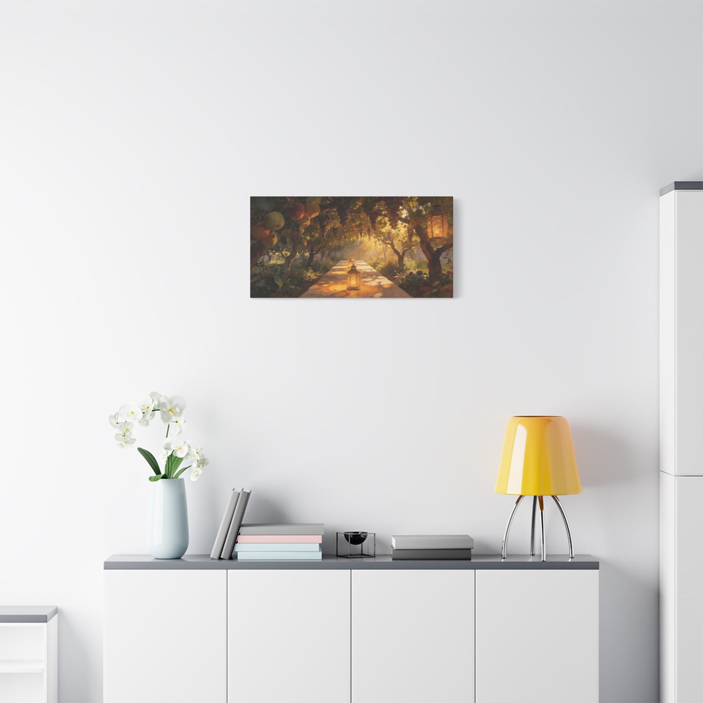 Fruit Orchard Canvas Wall Art - Lantern Lit Garden Path, Grape Vine And Apple Tree Painting - Matte Cotton Print, Rustic Traditional Style - Living Room Wall Decor, Bedroom Accent - Ready to Hang