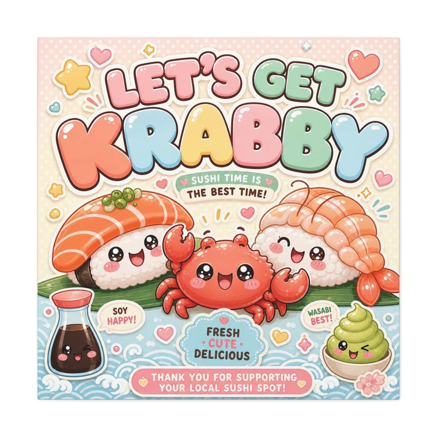 "Let's Get Krabby" Sushi Quote Canvas Wall Art - Kawaii Salmon Nigiri Shrimp Crab Illustration - Pastel Typography - Cafe Wall Decor, Restaurant Wall Hanging, Cute Food Sign - Reception Area Decor