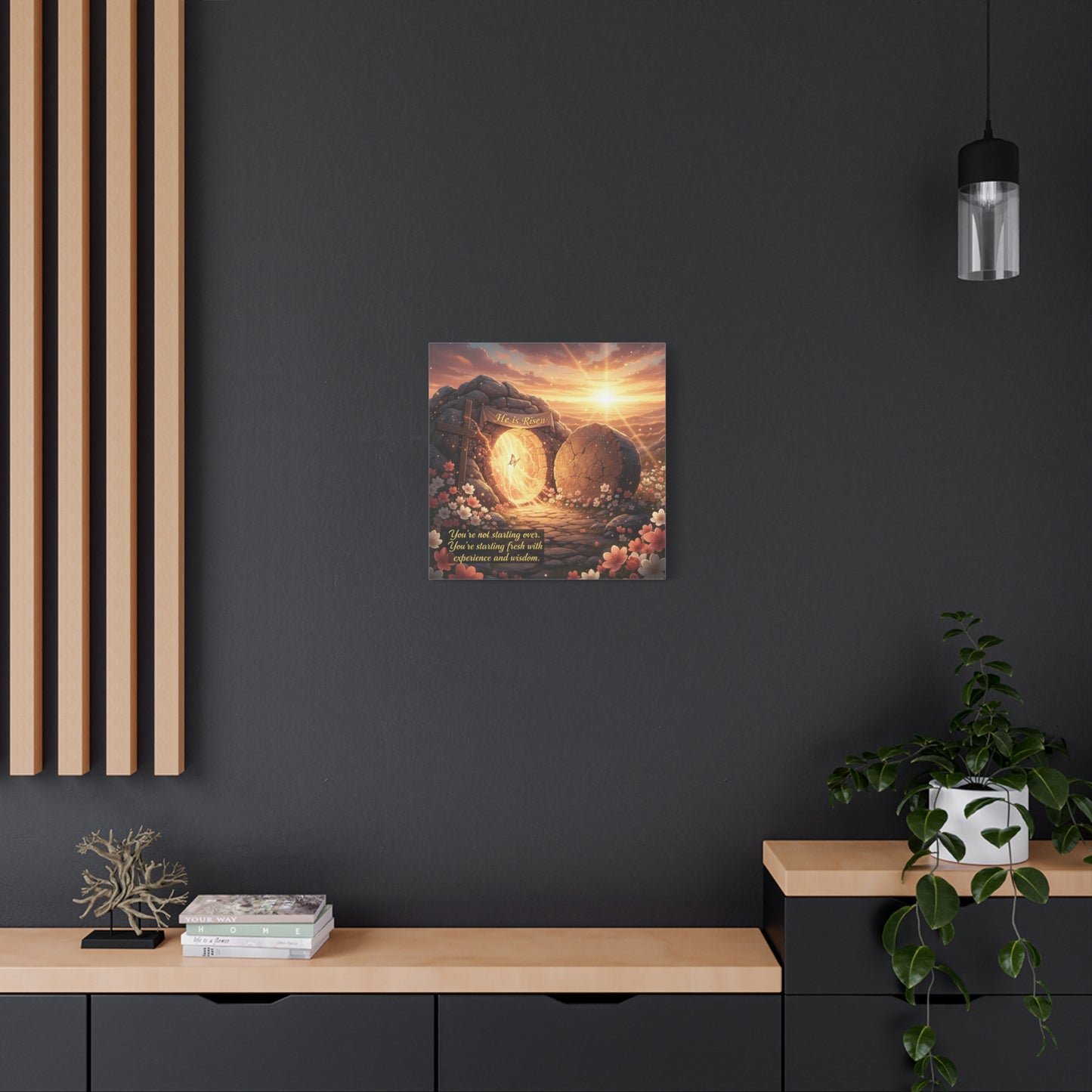 "He Is Risen" Christian Canvas Wall Art - Empty Tomb Cross Sunrise Scripture Print - Floral Faith Home Decoration - Modern Farmhouse Style